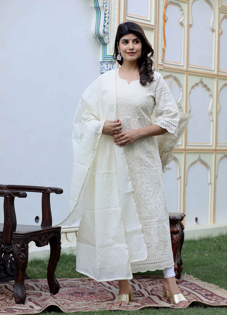 Women's Floral Embroidered Thread Work Cream Chikankari Anarkali Kurta With Cotton Dupatta