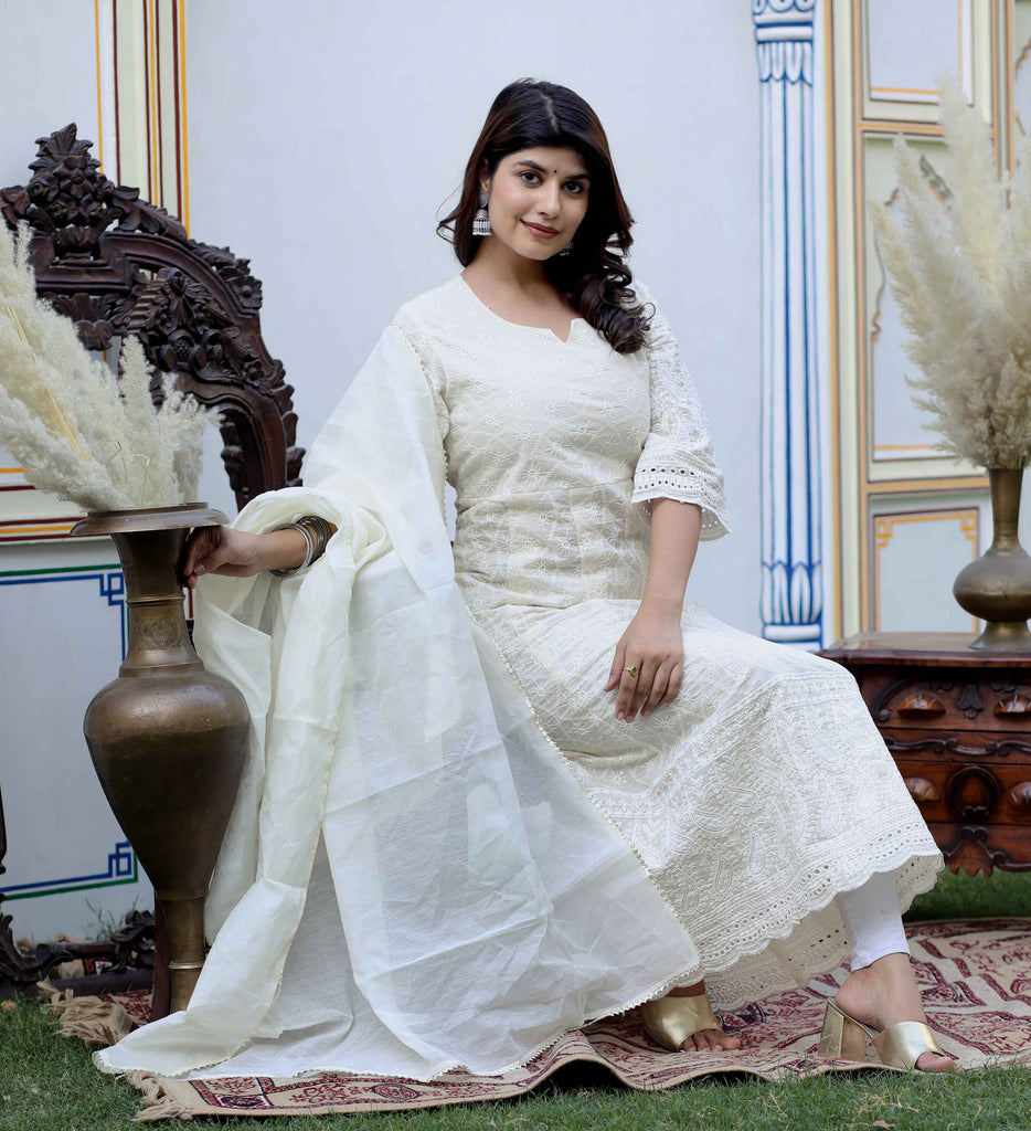 Women's Floral Embroidered Thread Work Cream Chikankari Anarkali Kurta With Cotton Dupatta