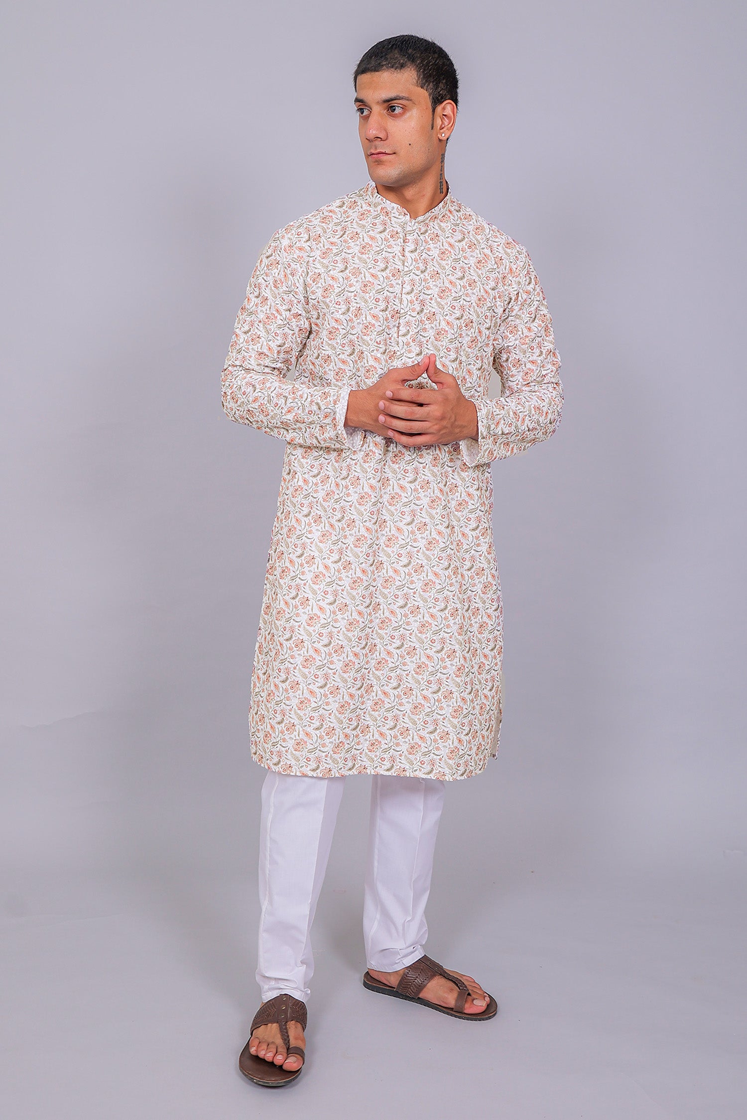 Men's White Cotton Chikankari Sequin & Threadwork Digital Print Kurta Kurta Set