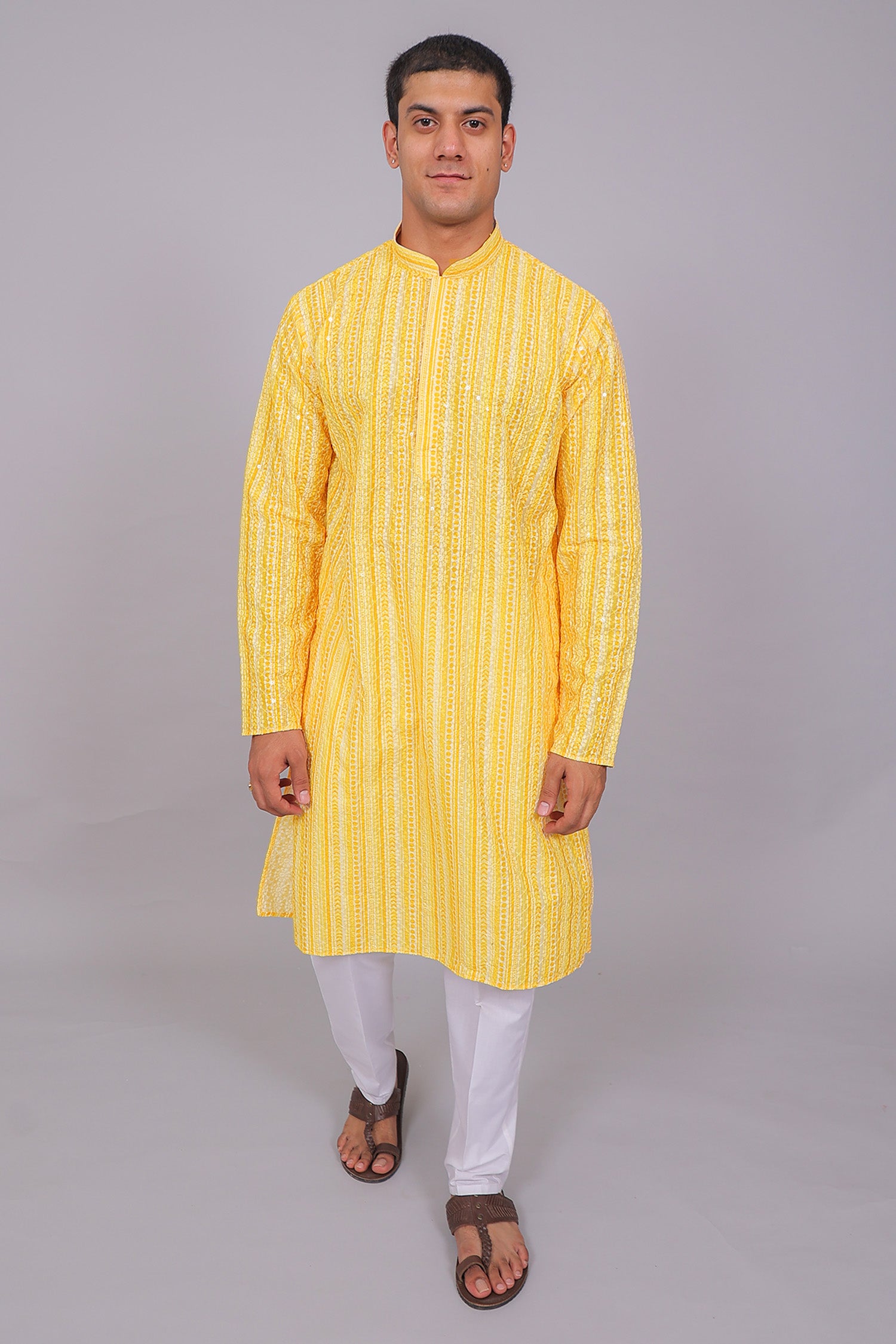 Men's Yellow Cotton Chikankari Sequin & Threadwork Digital Print Kurta Kurta Set