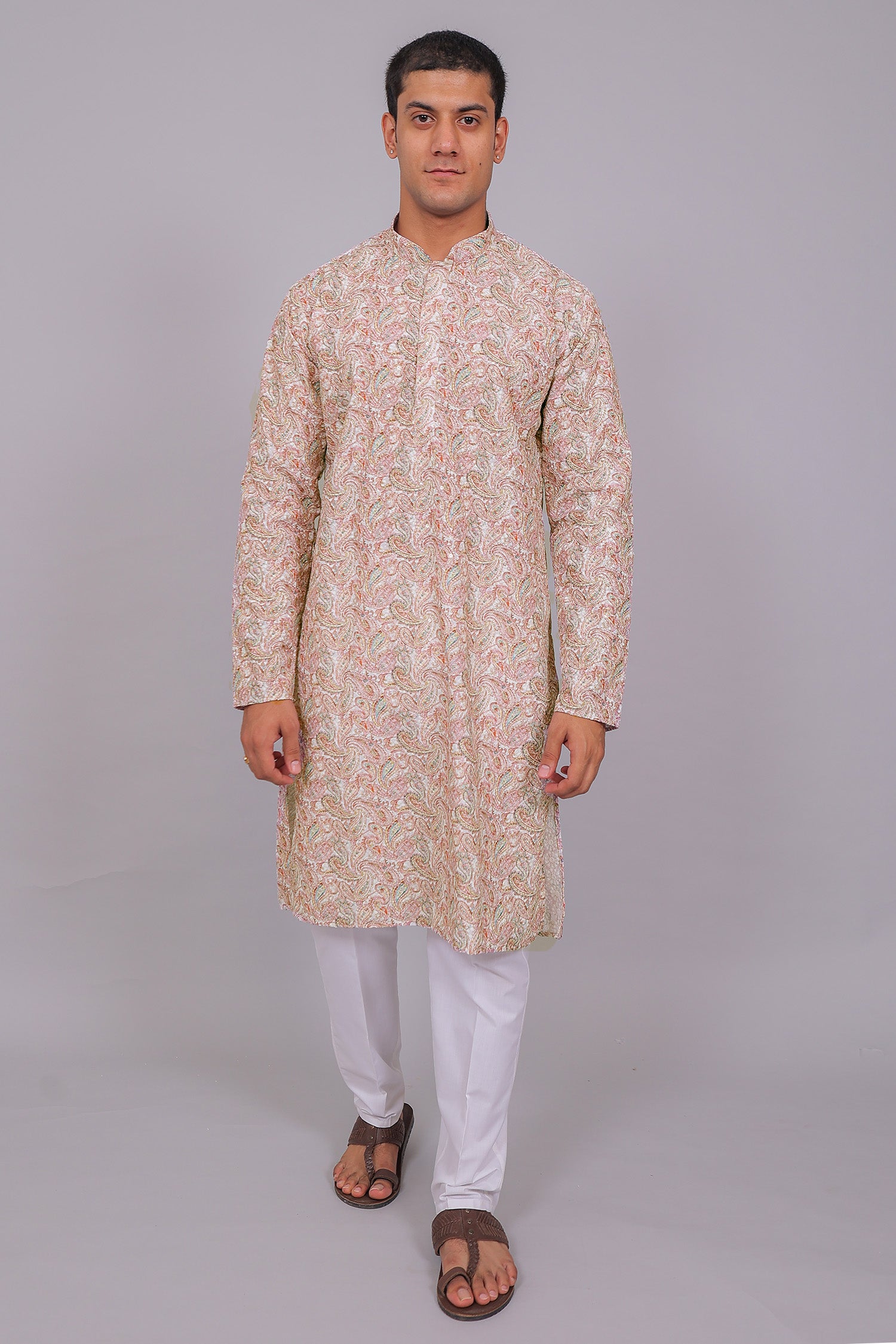 Men's Pink White Cotton Chikankari Sequin & Threadwork Digital Print Kurta Kurta Set