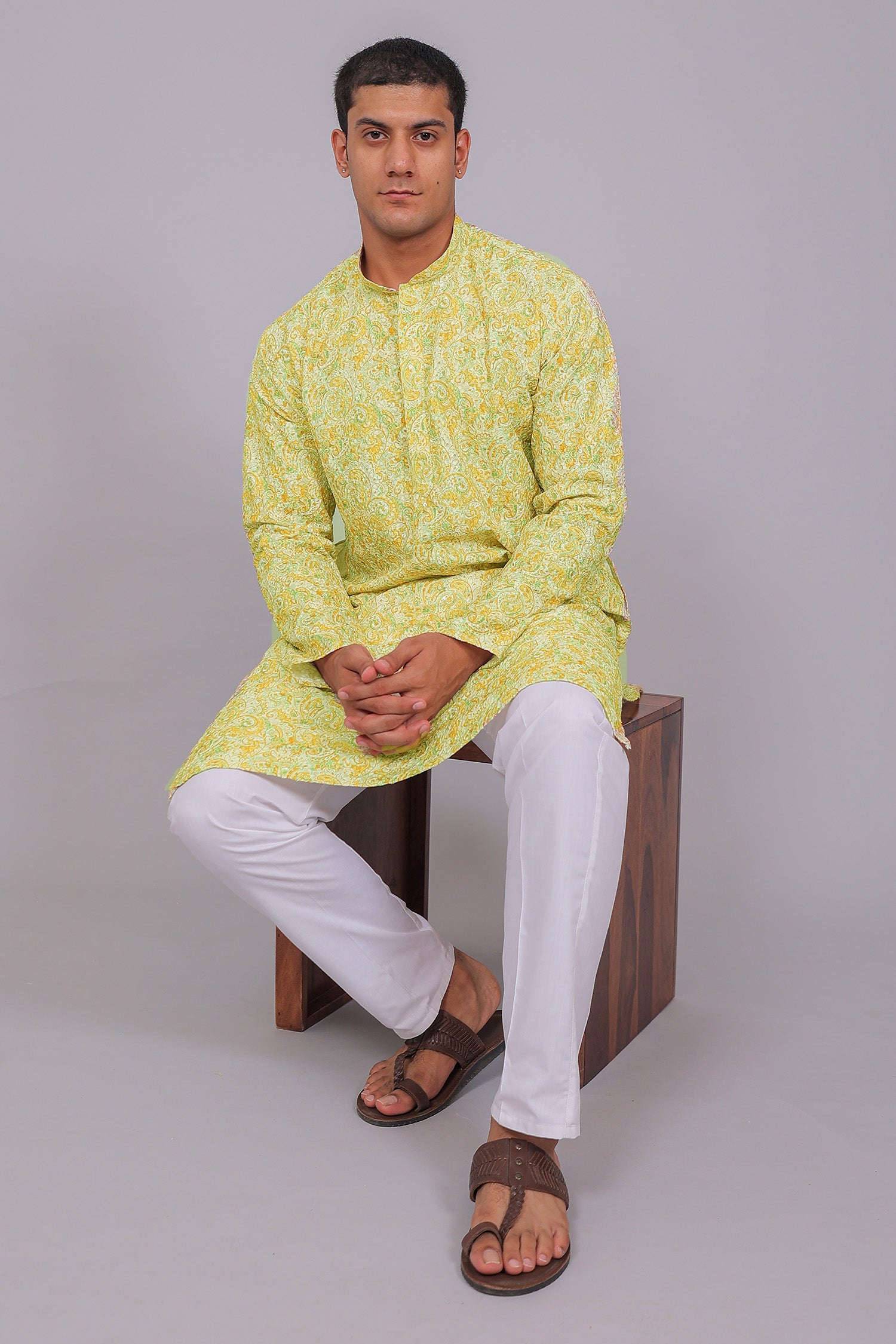 Men's White Orange Cotton Chikankari Sequin & Threadwork Digital Print Kurta Kurta Set