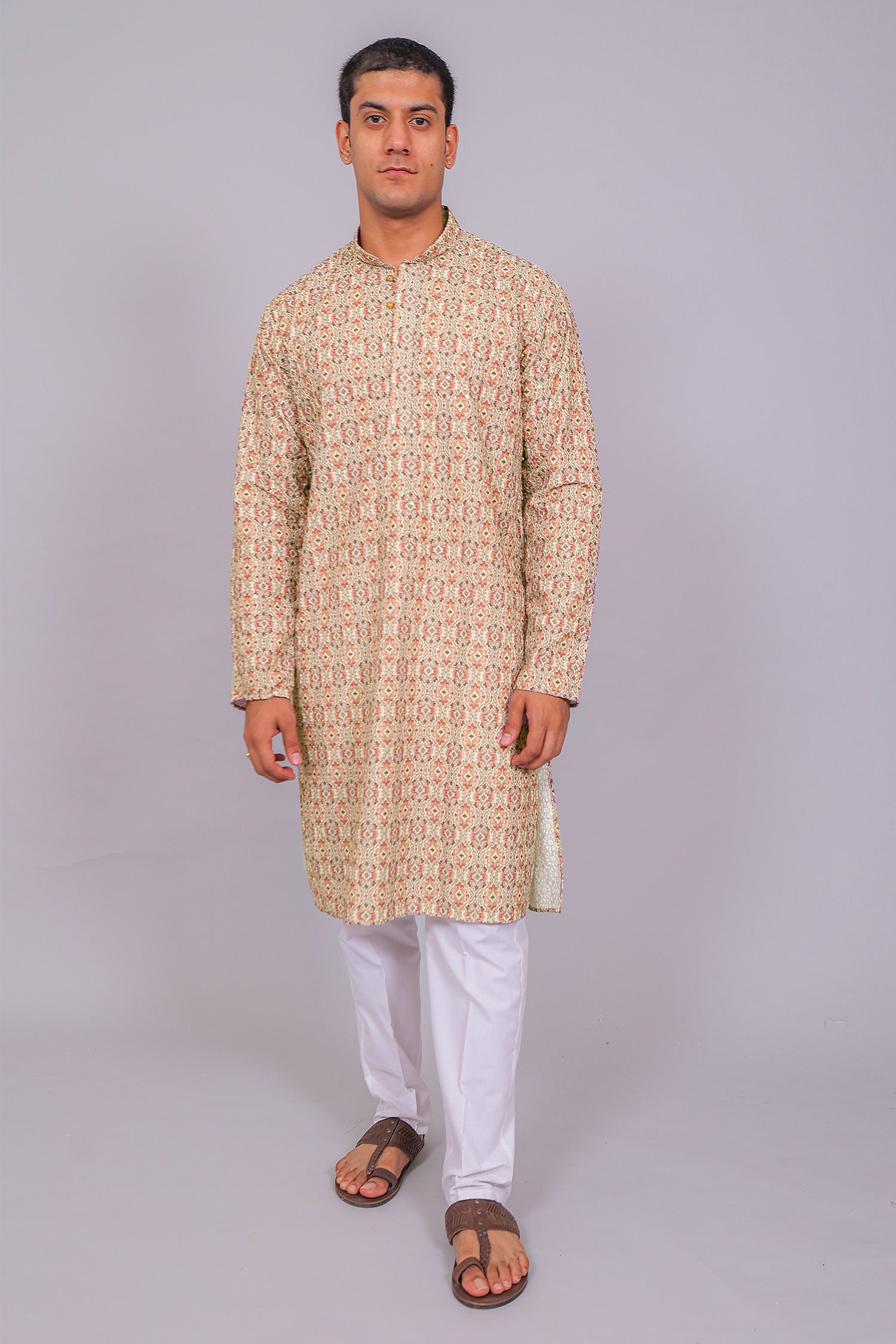 Men's Grey Pink Cotton Chikankari Sequin & Threadwork Digital Print Kurta Kurta Set