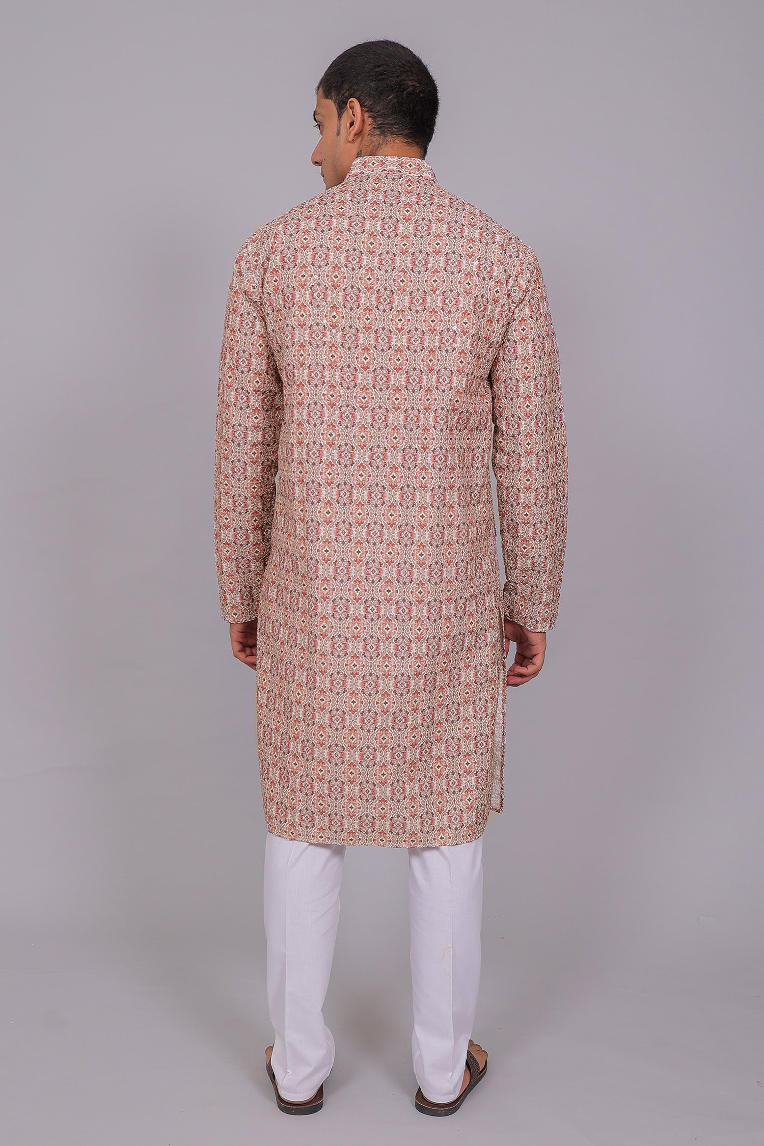 Men's White Cotton Chikankari Sequin & Threadwork Digital Print Kurta Kurta Set