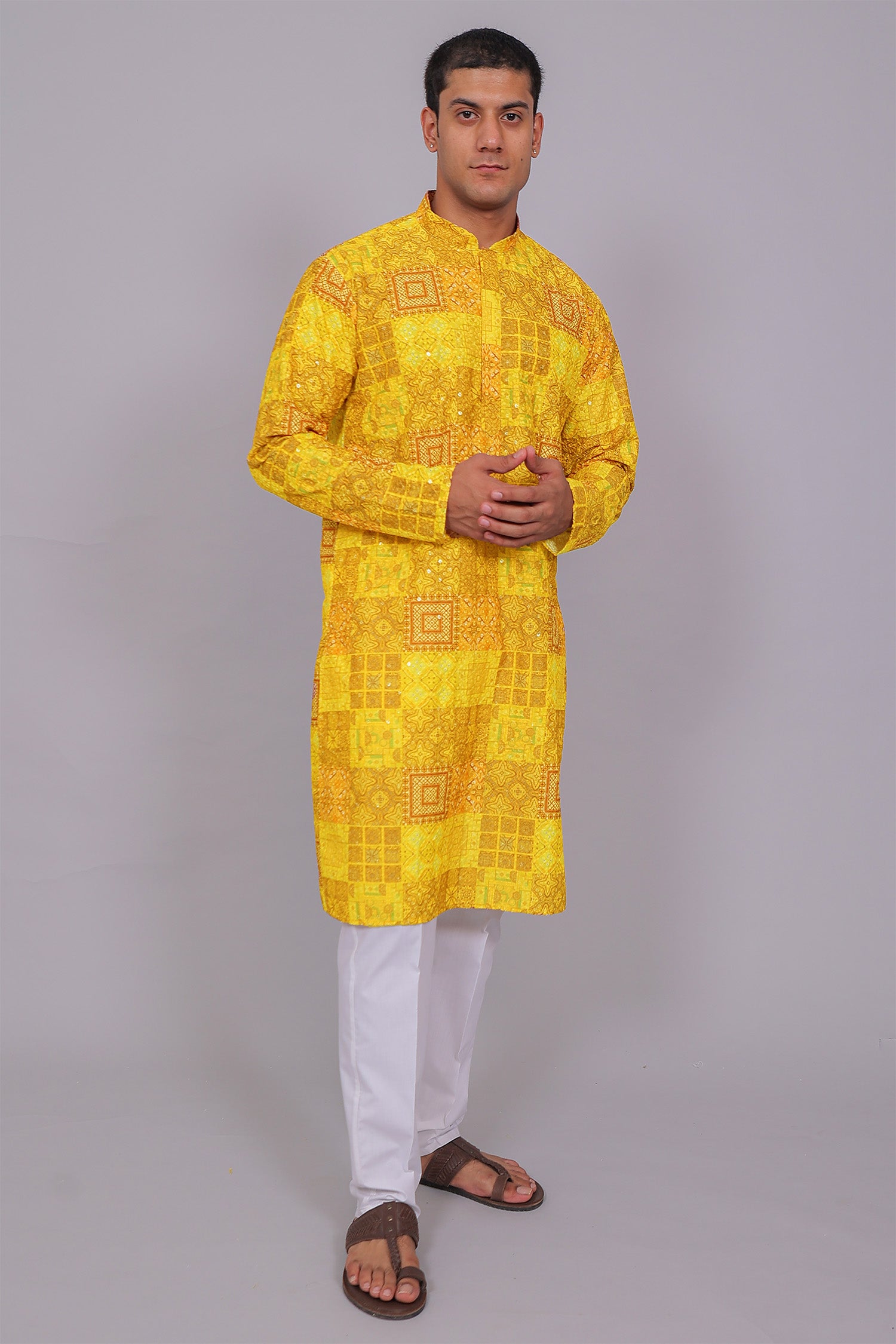 Men's Yellow Cotton Chikankari Sequin & Threadwork Digital Print Kurta Kurta Set