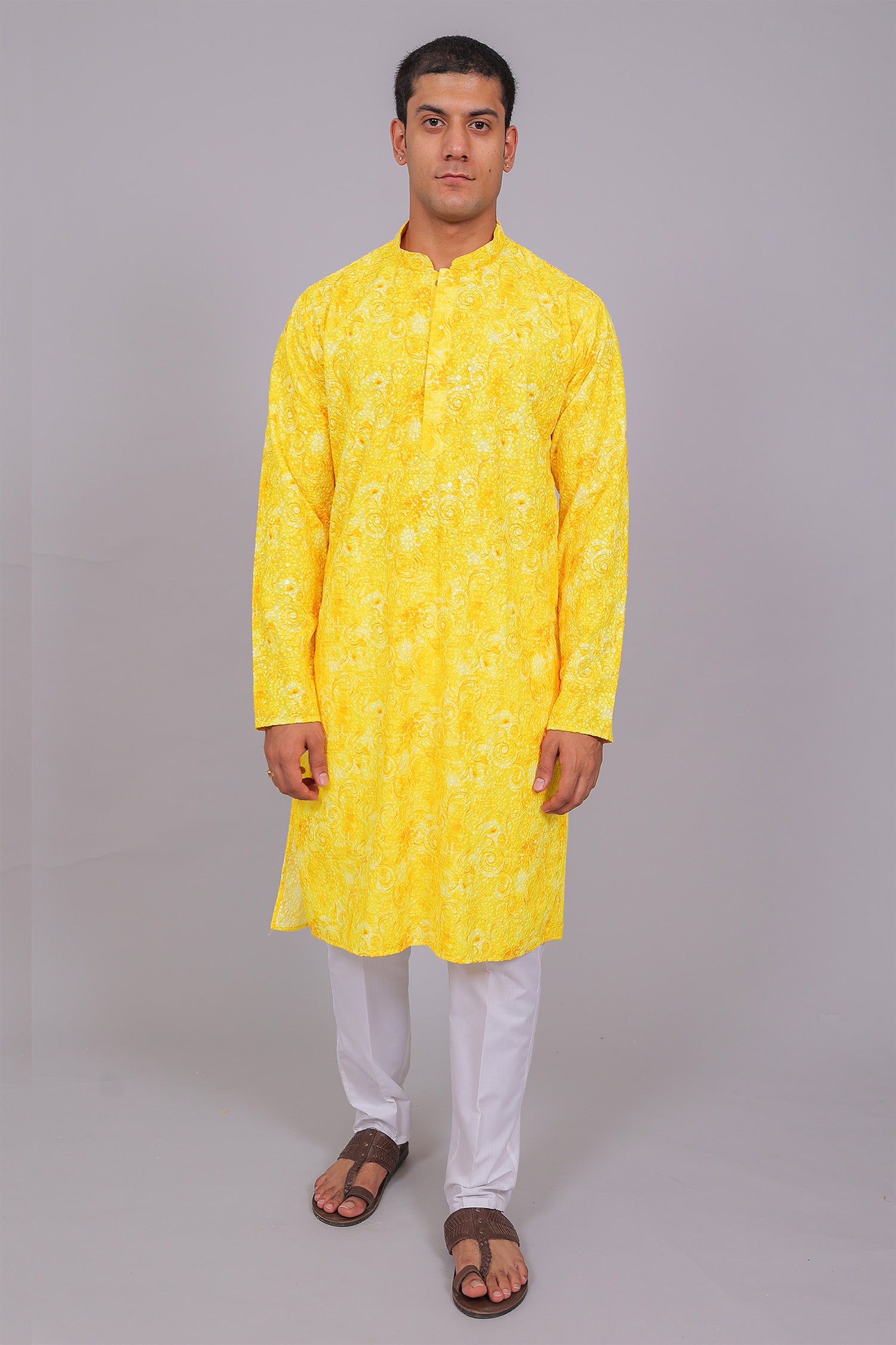 Men's Yellow Cotton Chikankari Sequin & Threadwork Digital Print Kurta Kurta Set