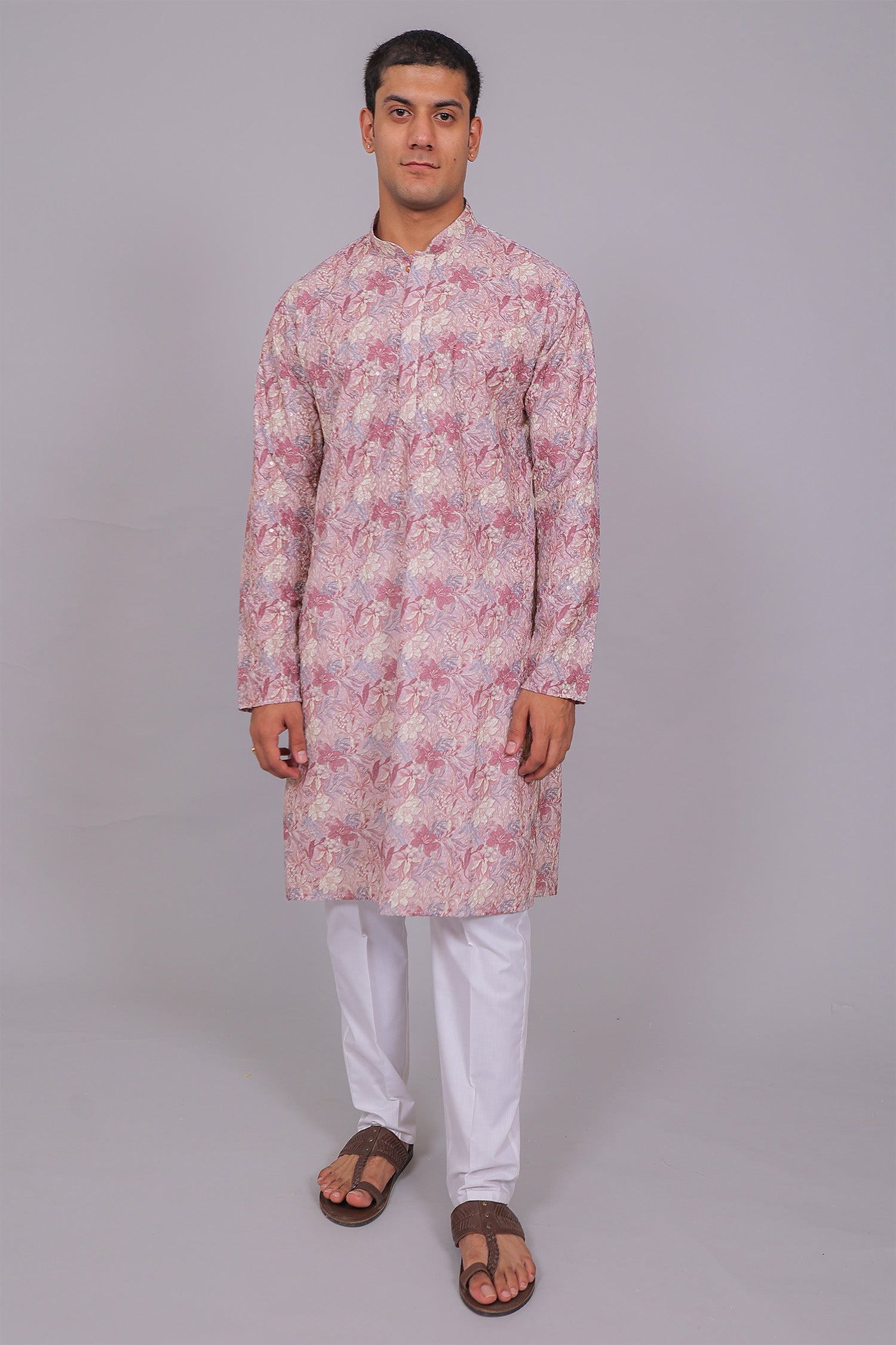 Men's Pink Cotton Chikankari Sequin & Threadwork Digital Print Kurta Kurta Set