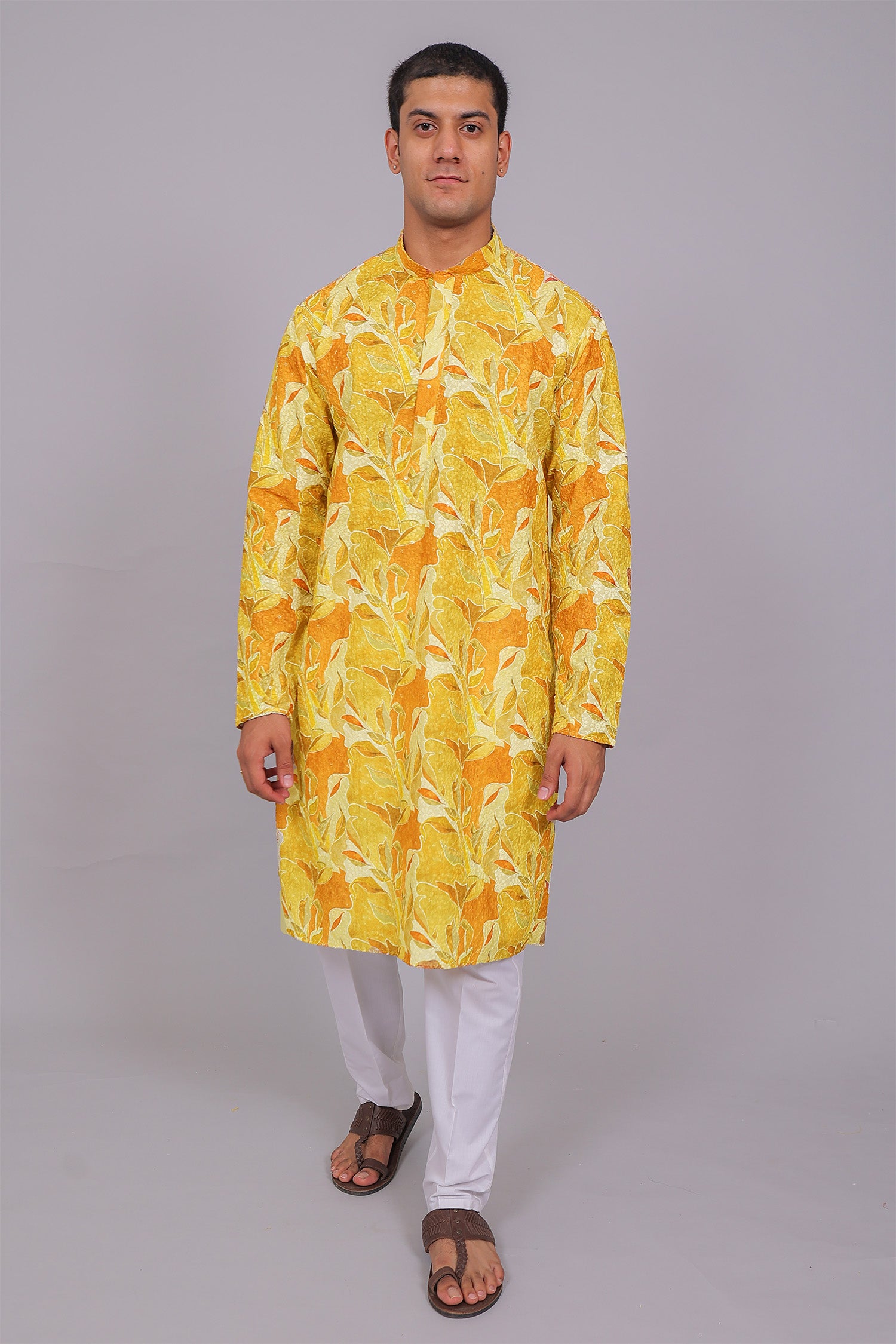 Men's Lemon Yellow Cotton Chikankari Sequin & Threadwork Digital Print Kurta Kurta Set