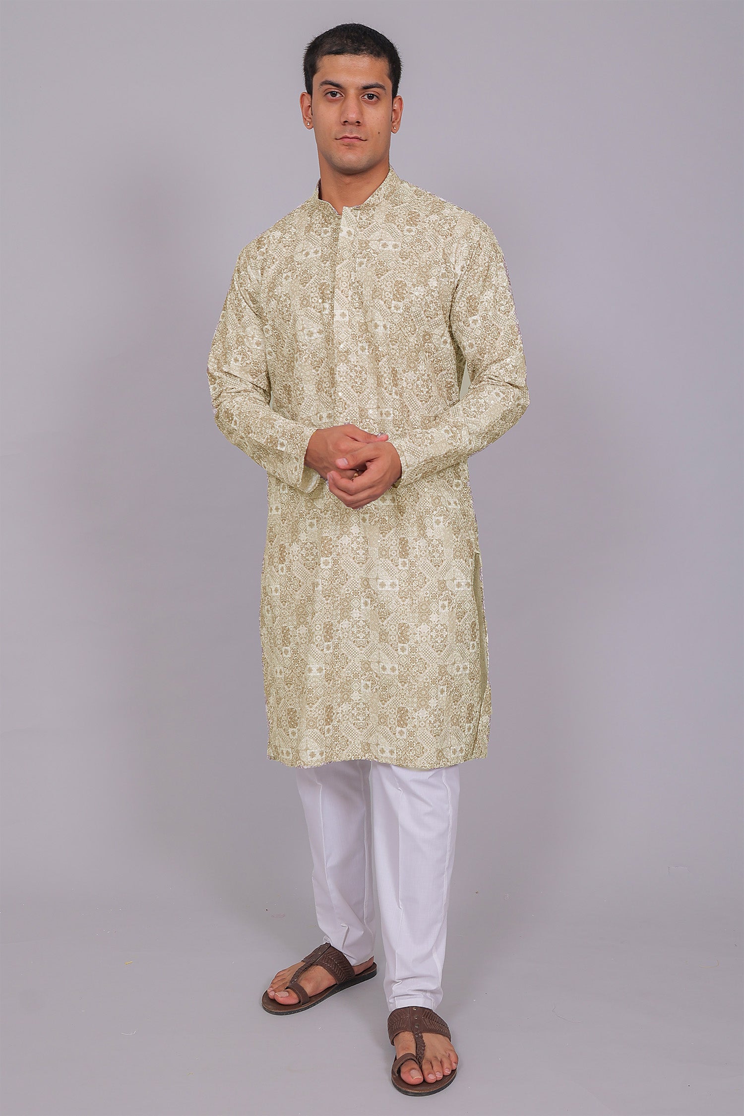 Men's Olive Green Cotton Chikankari Sequin & Threadwork Digital Print Kurta Kurta Set