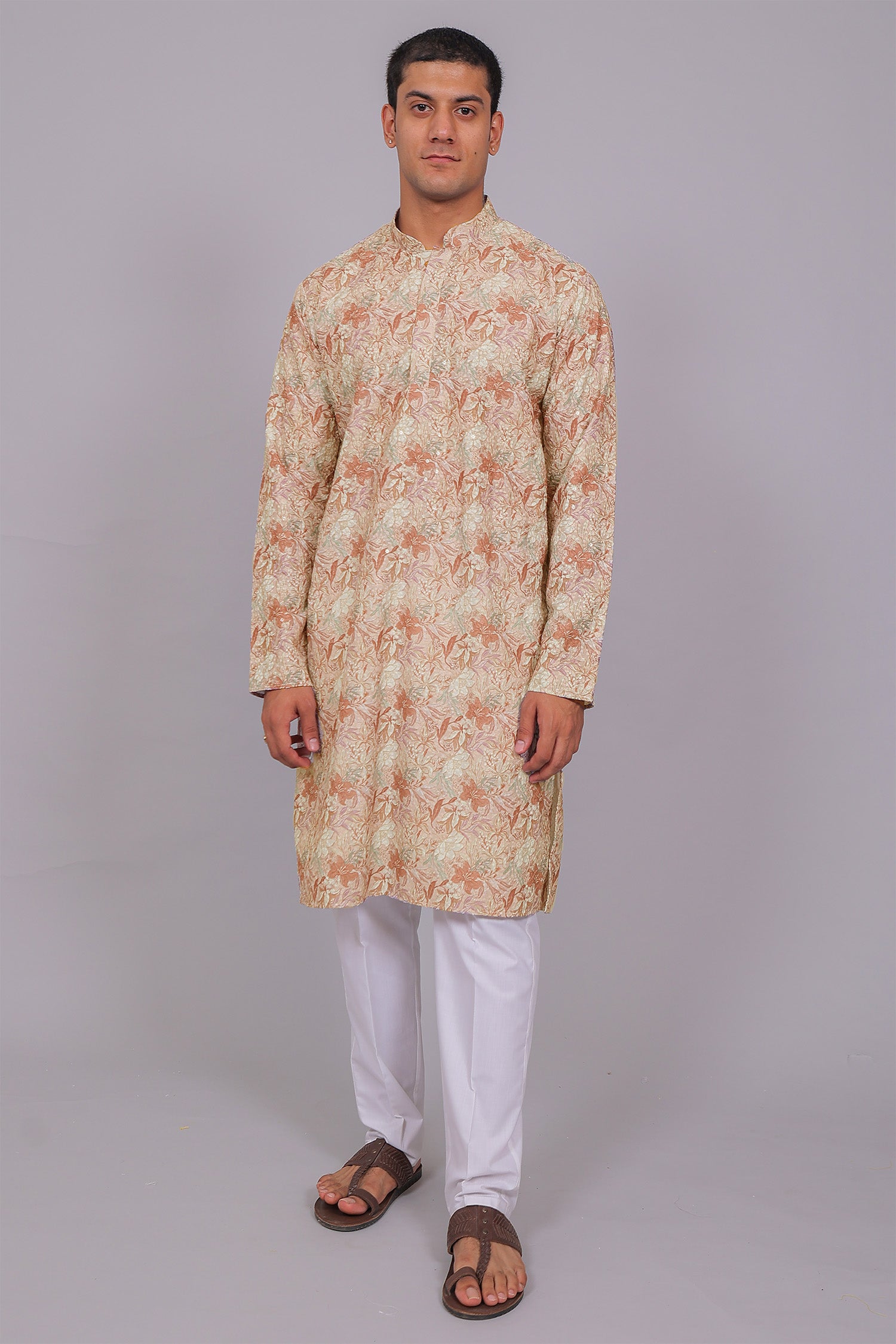 Men's Dusty Rose Cotton Chikankari Sequin & Threadwork Digital Print Kurta Kurta Set