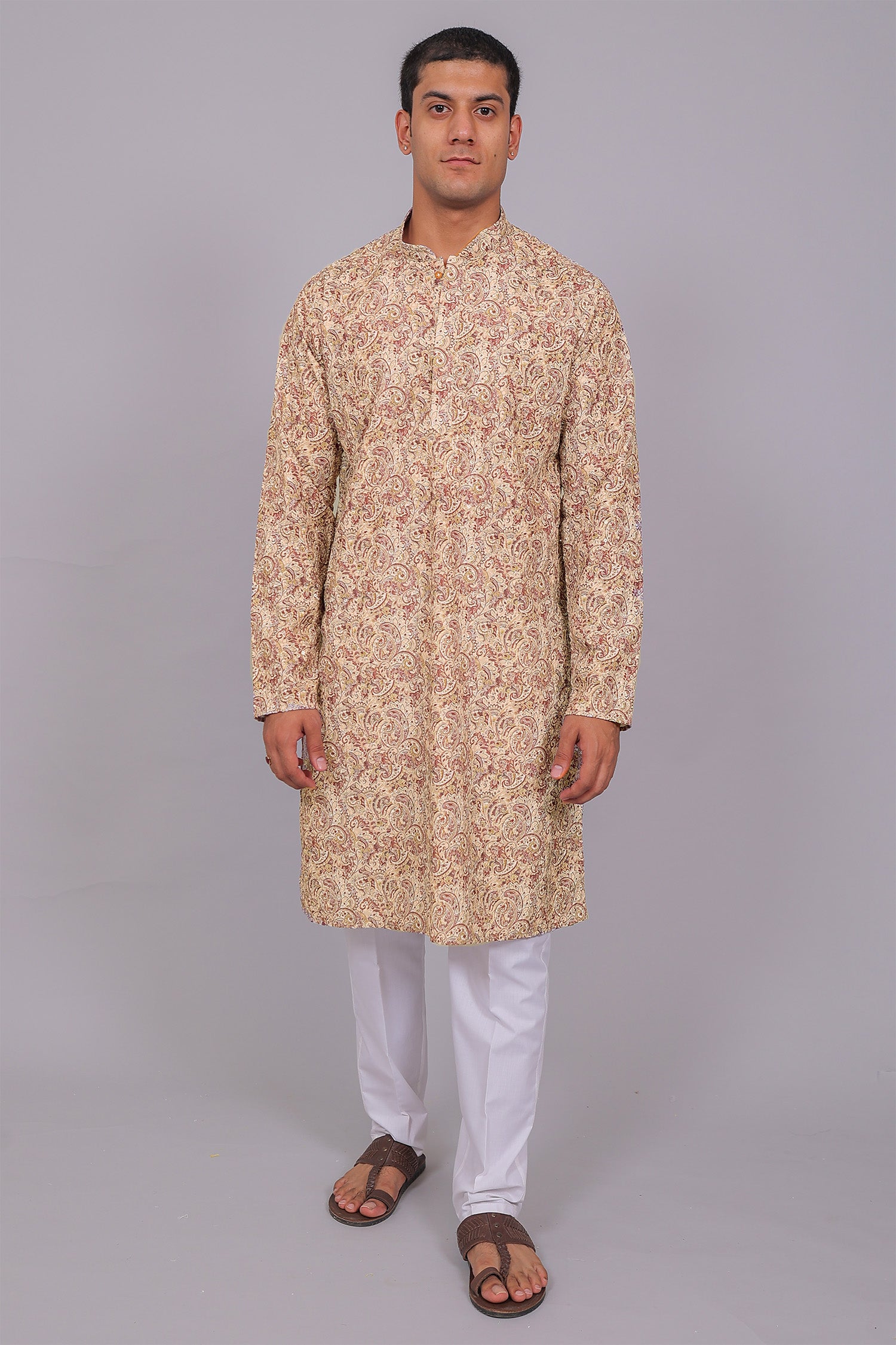 Men's Cream & Mauve Cotton Chikankari Sequin & Threadwork Digital Print Kurta Kurta Set