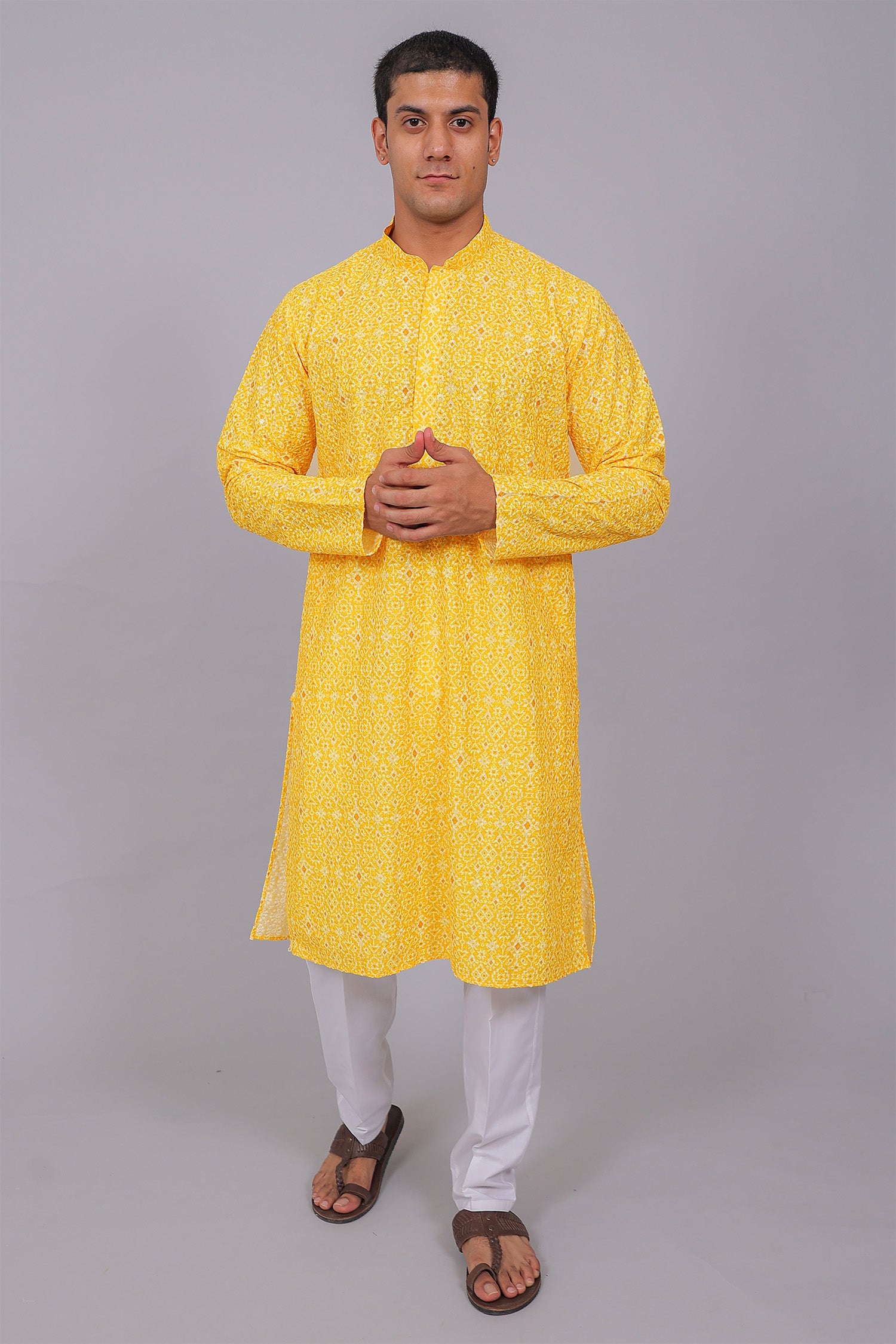 Men's Yellow Cotton Chikankari Sequin & Threadwork Digital Print Kurta Kurta Set