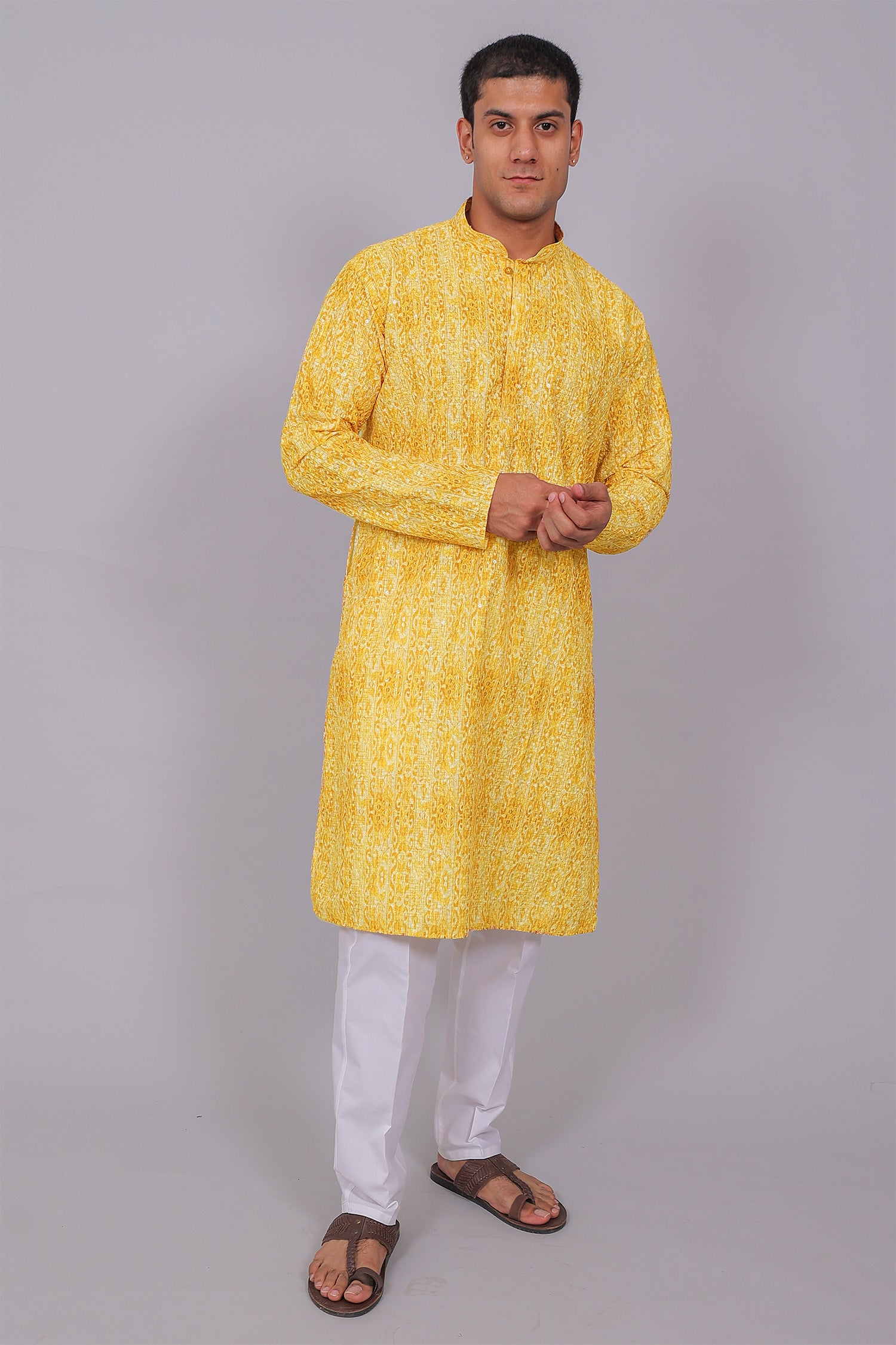 Men's Yellow Brown Cotton Chikankari Sequin & Threadwork Digital Print Kurta Kurta Set