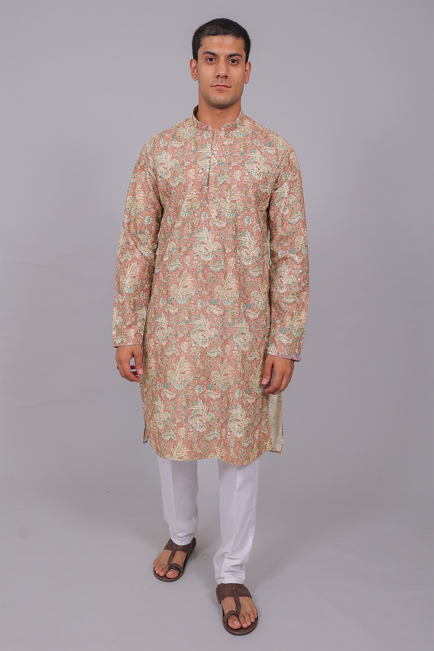 Men's Coral Pink Cotton Chikankari Sequin & Threadwork Digital Print Kurta Kurta Set