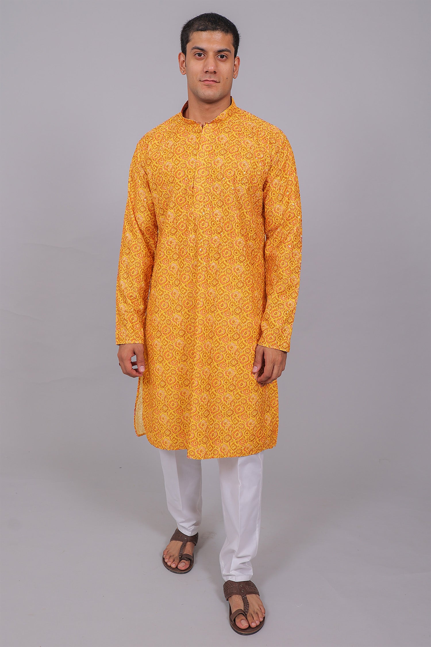Men's Yellow Pink Cotton Chikankari Sequin & Threadwork Digital Print Kurta Kurta Set