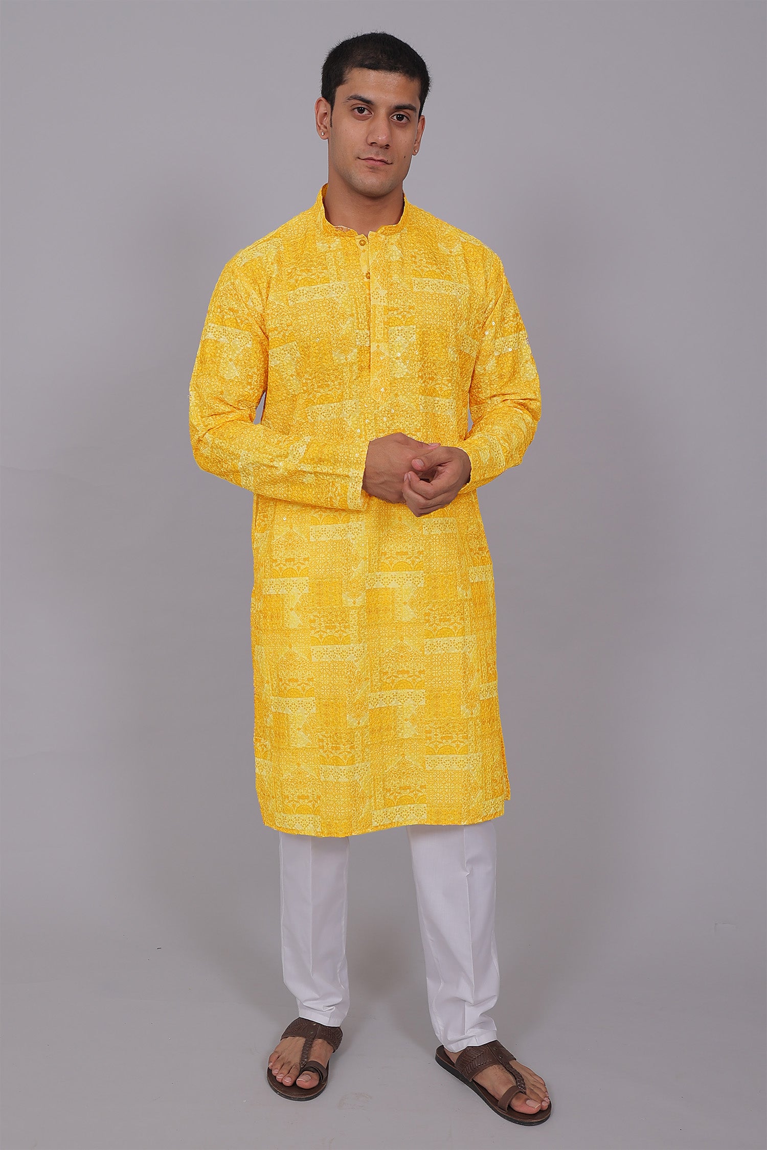 Men's Yellow Cotton Chikankari Sequin & Threadwork Digital Print Kurta Kurta Set