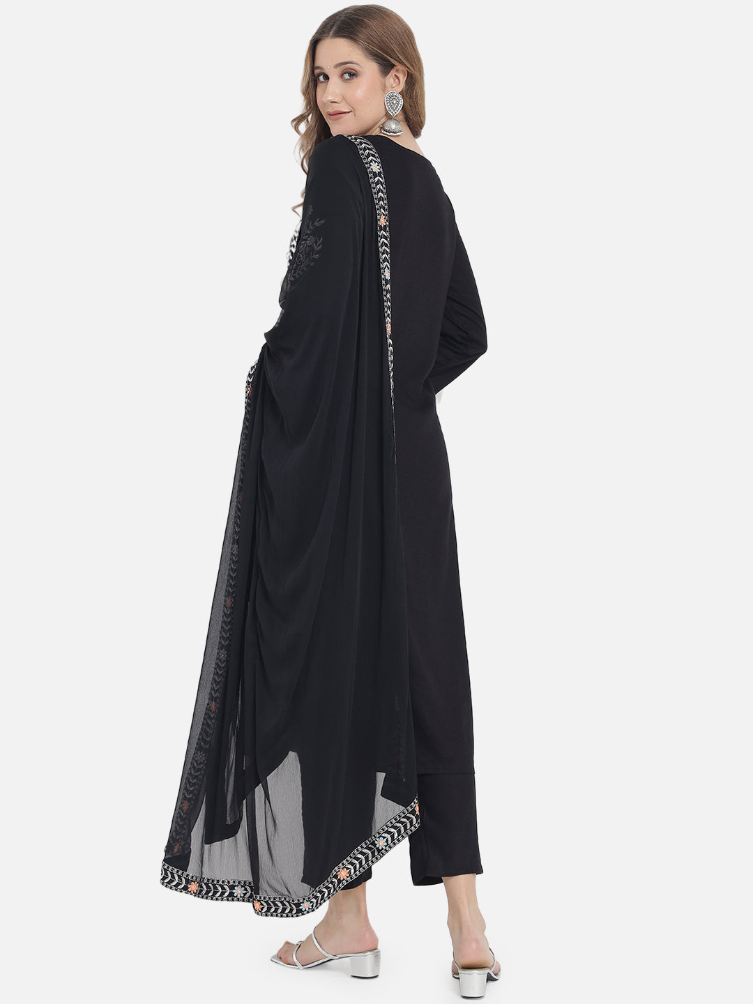 Women's Solid Black Embroidery Kurta Set with Dupatta