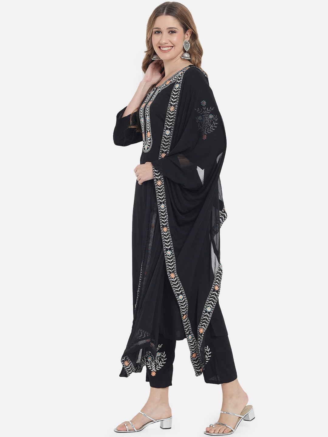 Women's Solid Black Embroidery Kurta Set with Dupatta