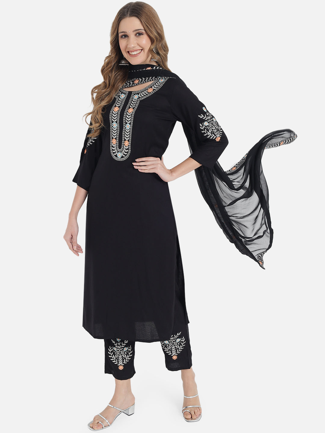 Women's Solid Black Embroidery Kurta Set with Dupatta