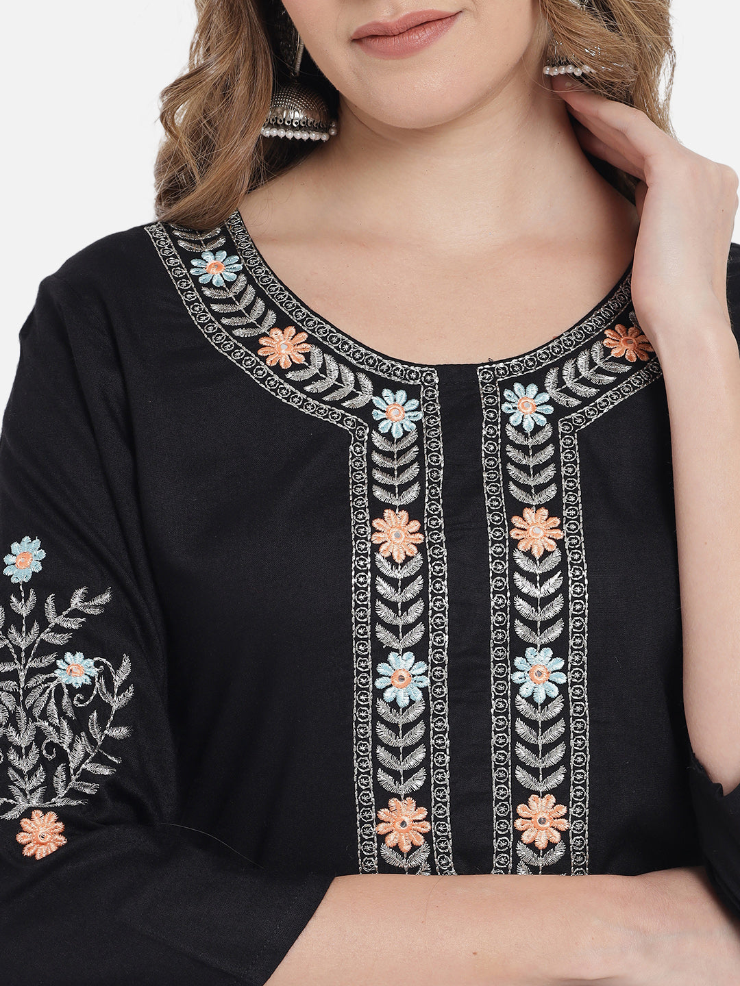 Women's Solid Black Embroidery Kurta Set with Dupatta