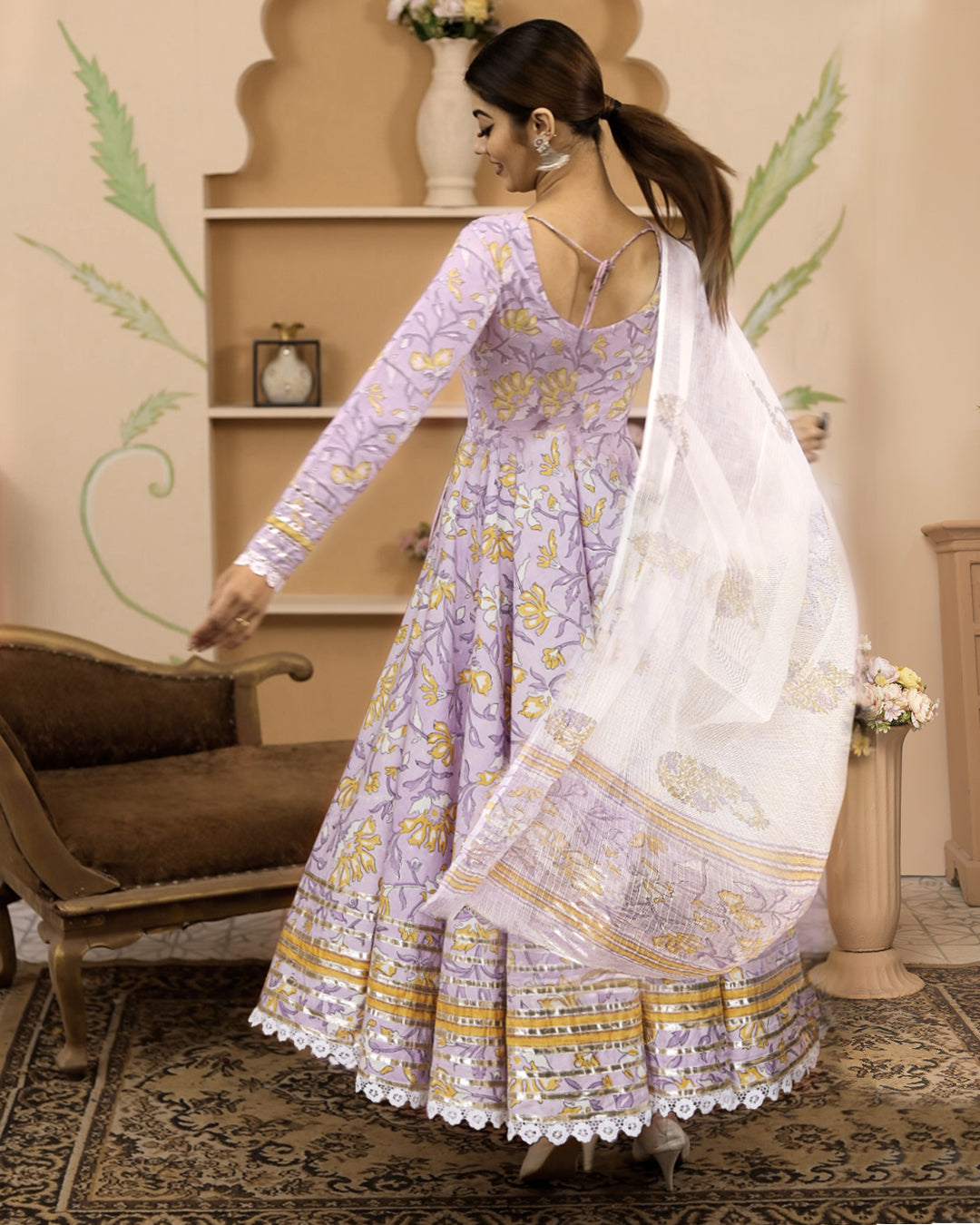 Women's Hand block Printed Lavender Anarkali Cotton Kurta With Trousers & Dupatta - Taantav