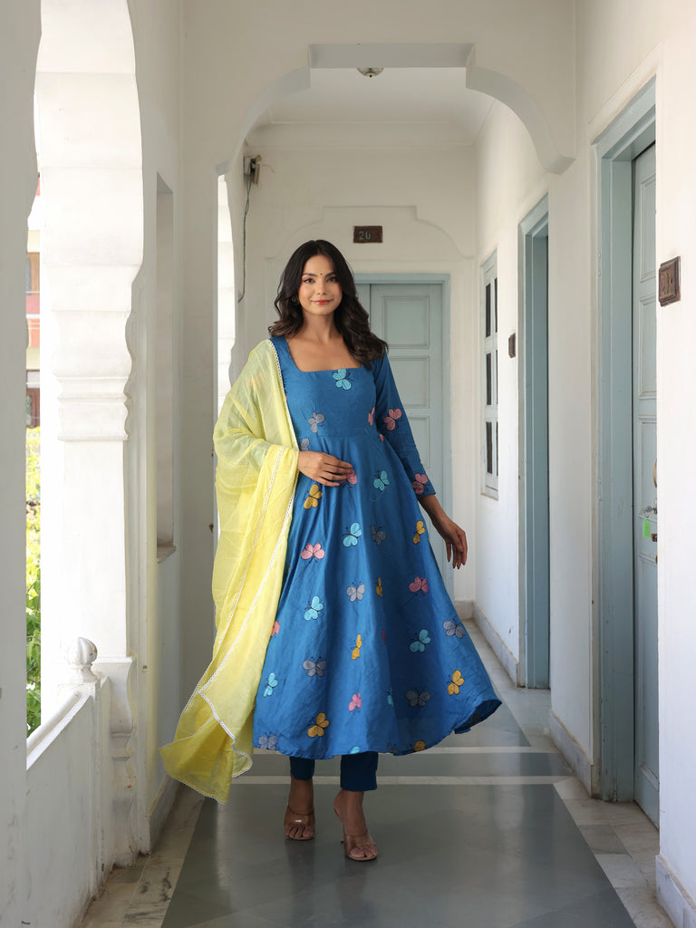 Women's Blue Cotton Embroidered Anarkali Set