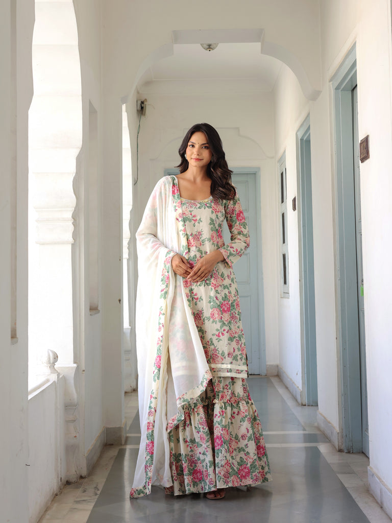 Women's Off White Cotton Screen Print Sharara Set