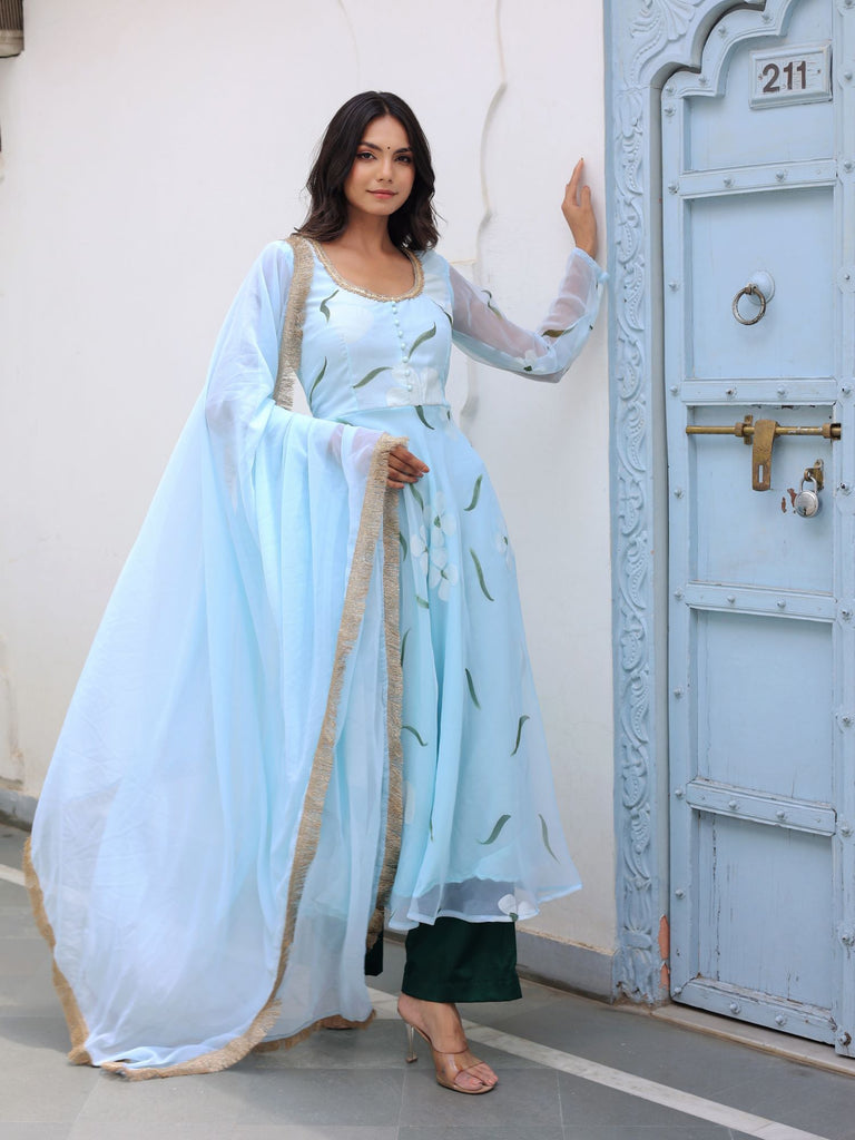 Women's Blue Georgette Hand Paint Anarkali Set
