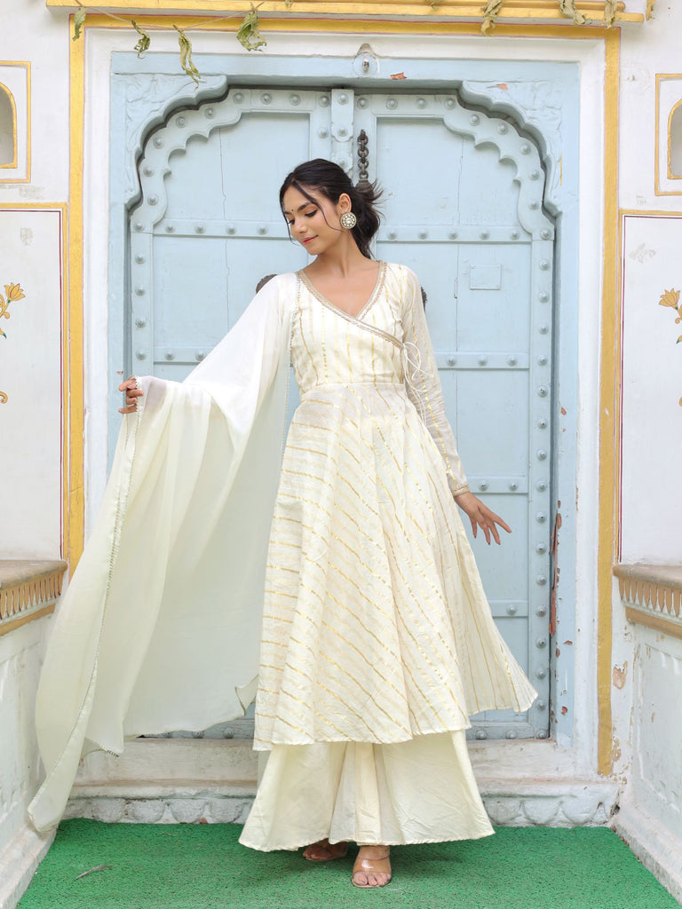 Women's Off White Cotton Stripe Anarkali Set
