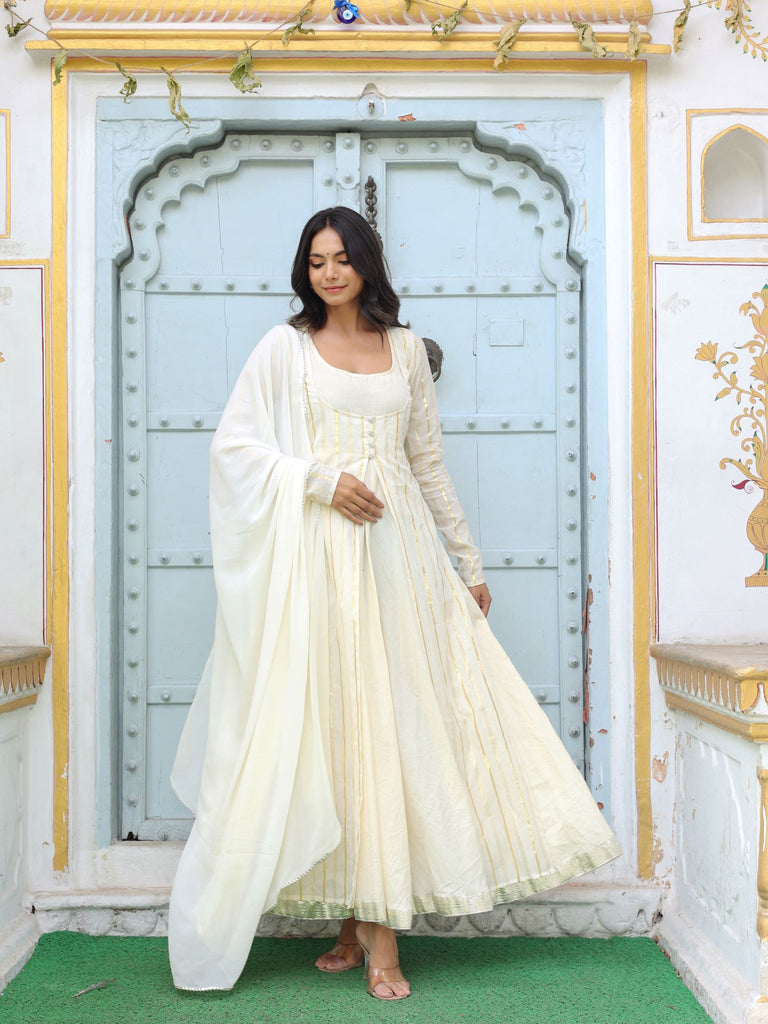 Women's White Cotton Stripe Anarkali