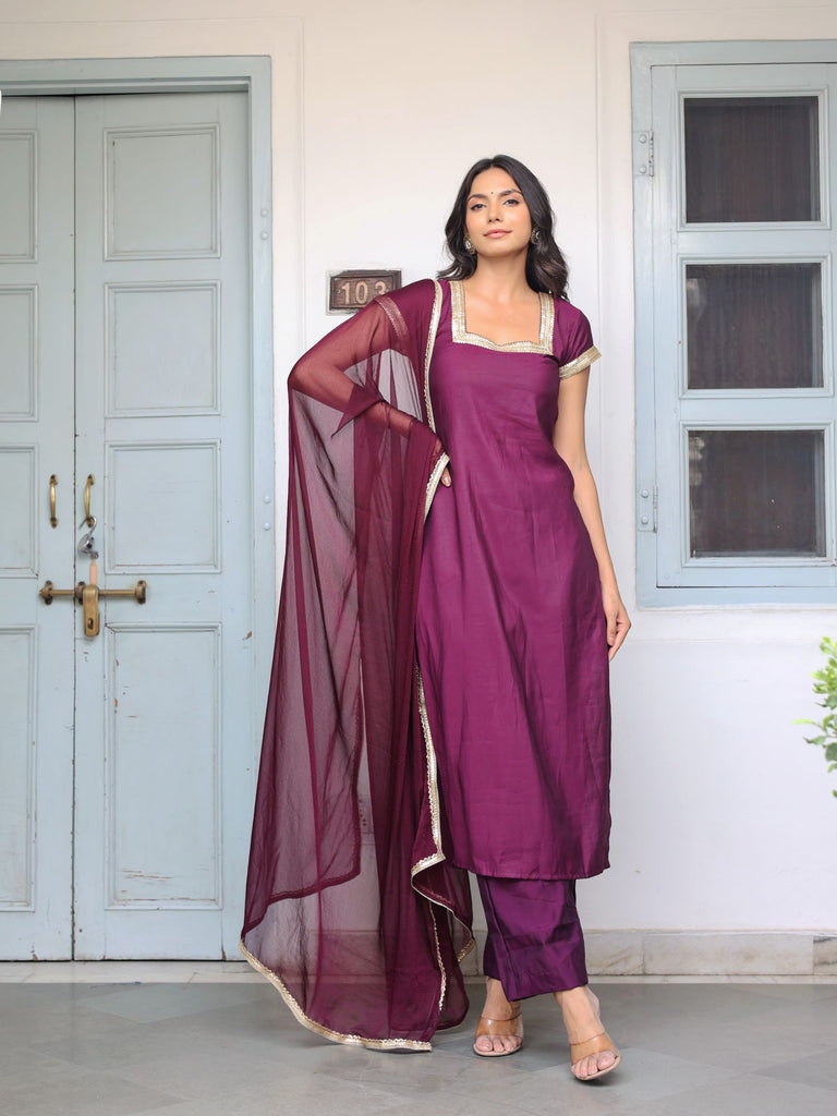 Women's Wine Muslin Plain Kurta Set