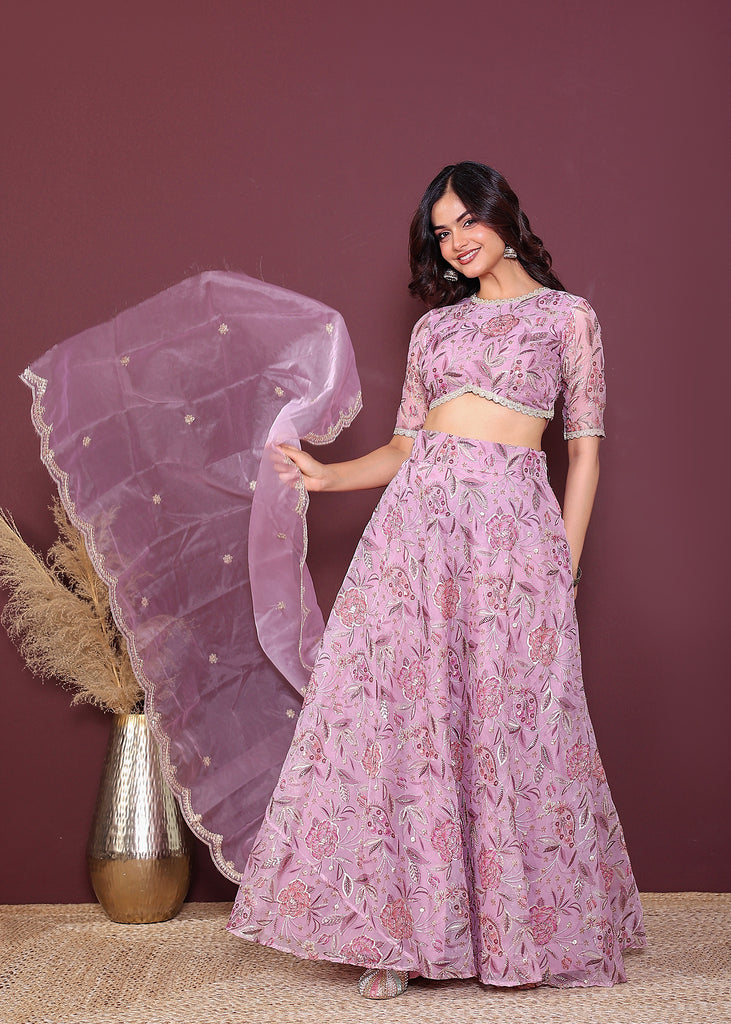 Women's Pink Organza Embroidered Lehenga Set
