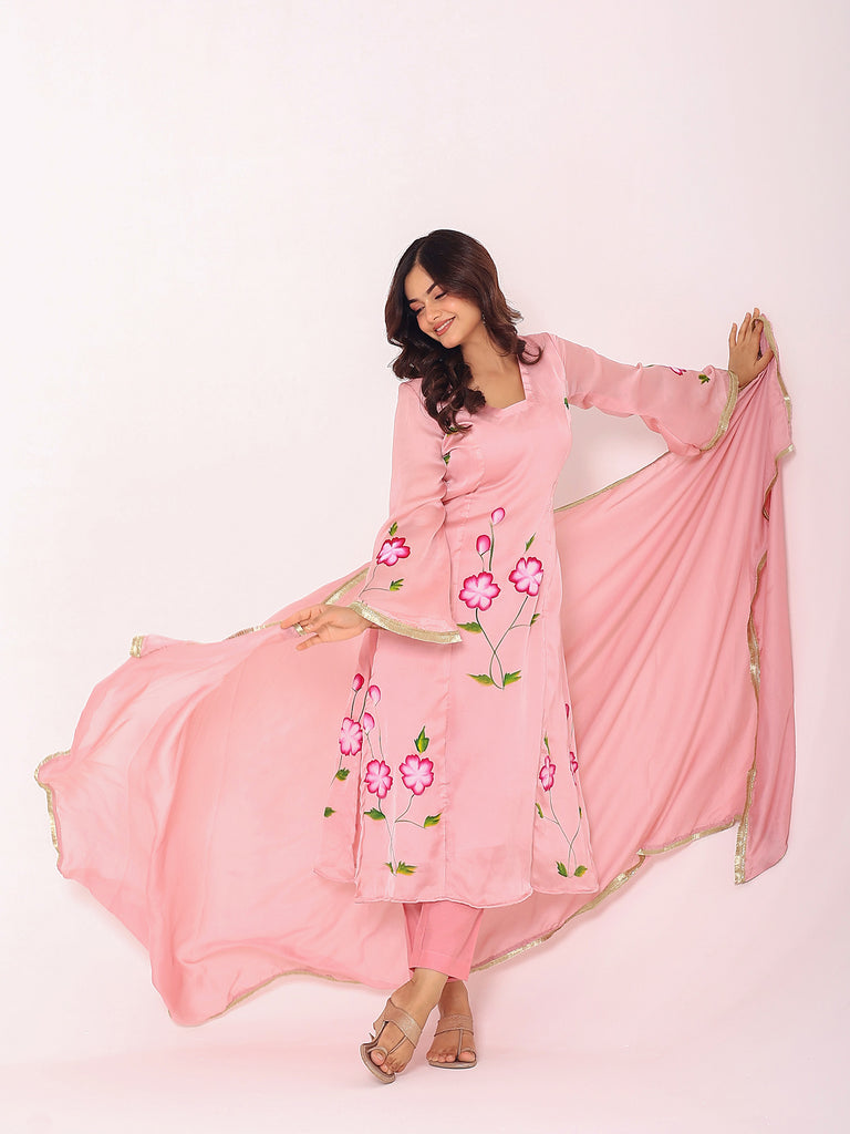 Women's Pink Satin Hand Paint Kurta Set
