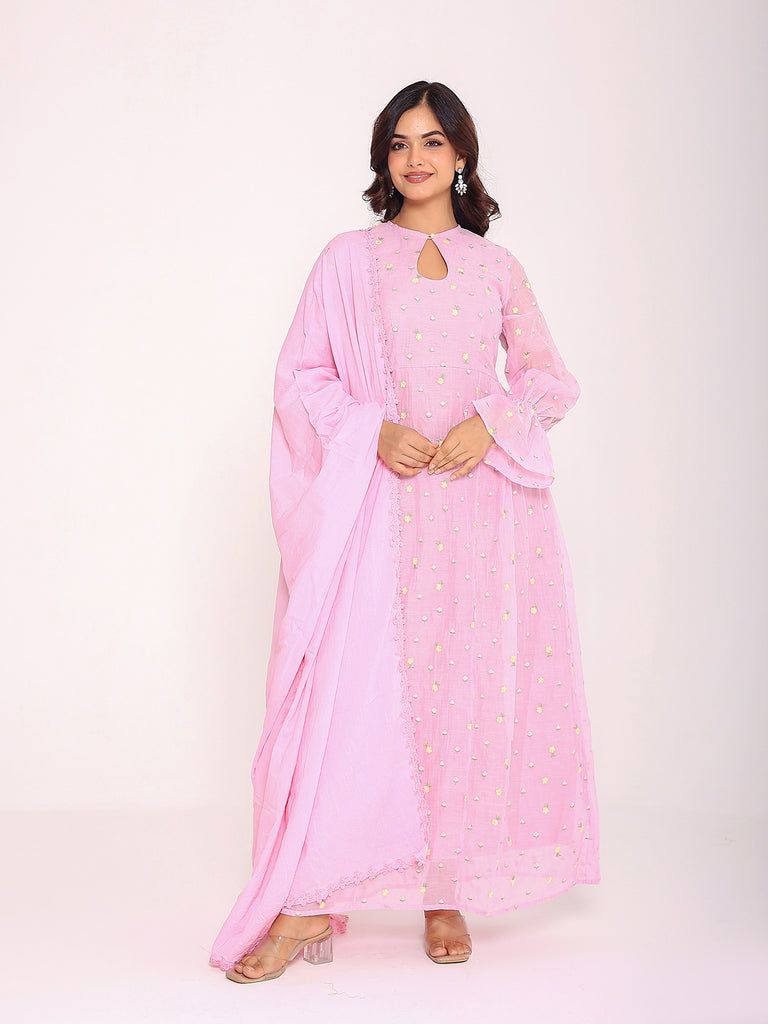 Women's Pink Mulmul Embroidered Gown