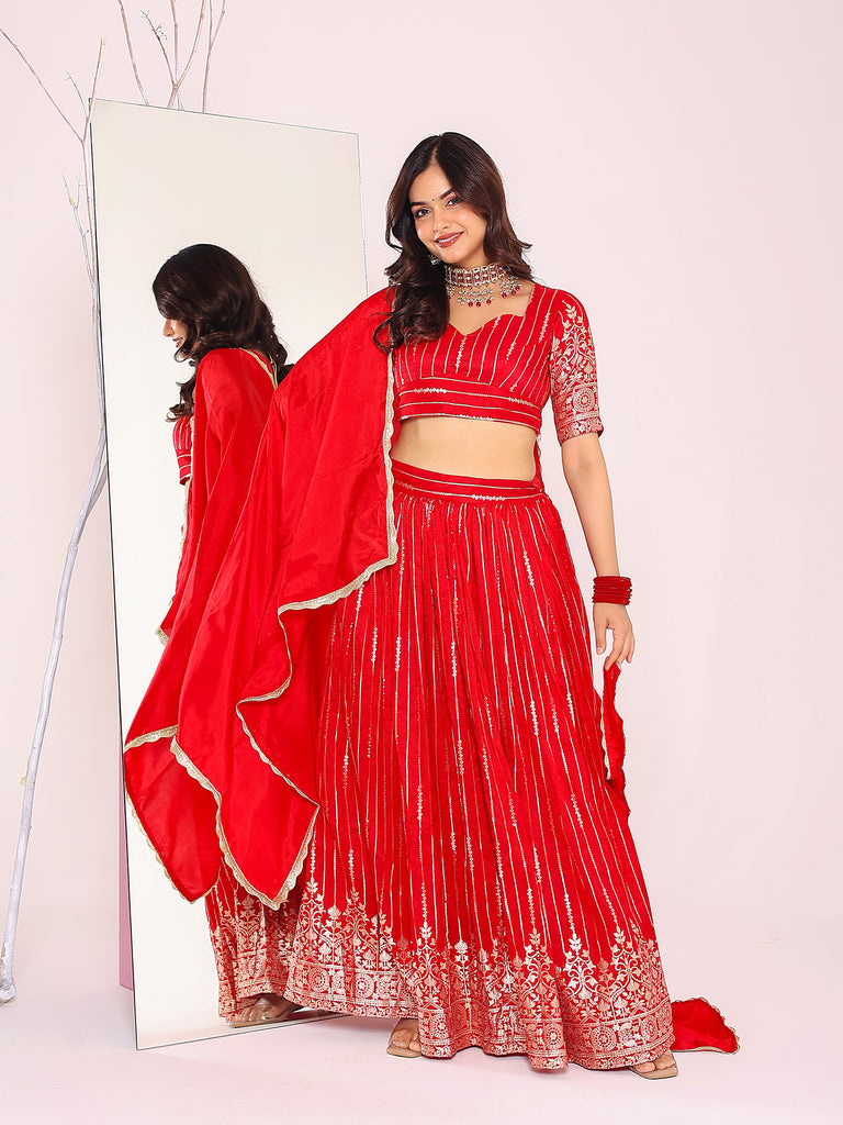 Women's Red Brocade Self Print Lehenga Set