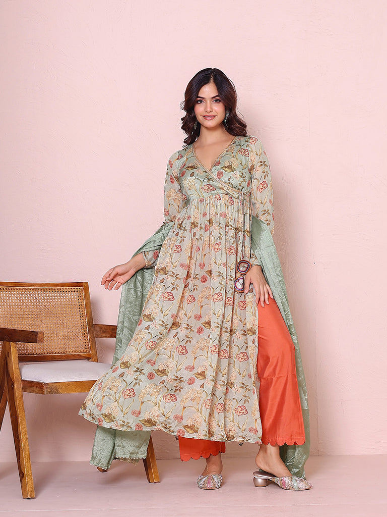 Women's Mint Green Chinon Digital Print Kurta Set