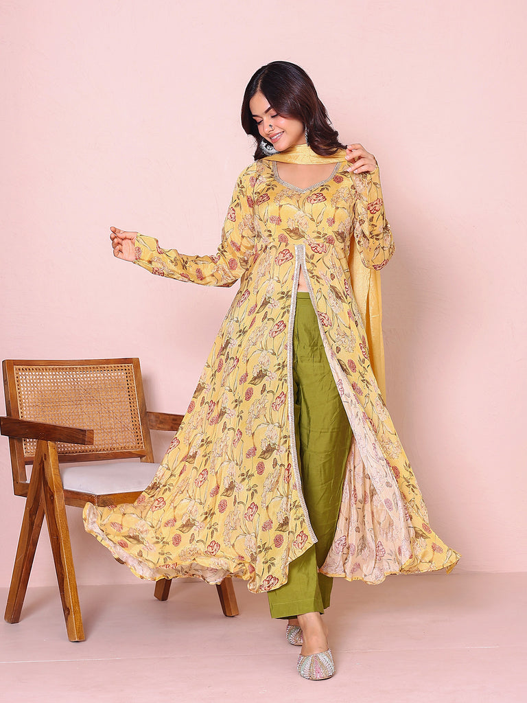 Women's Yellow Chinon Digital Print Anarkali Set