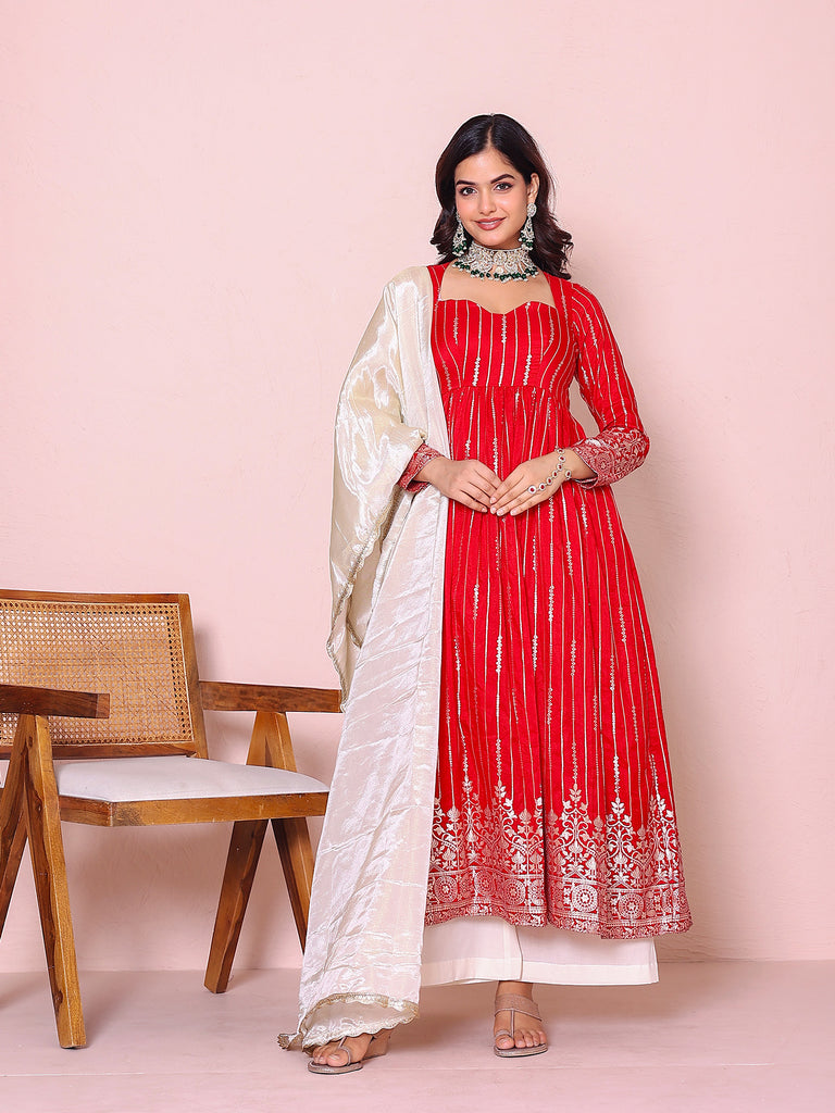 Women's Red Silk Self Print Kurta Set