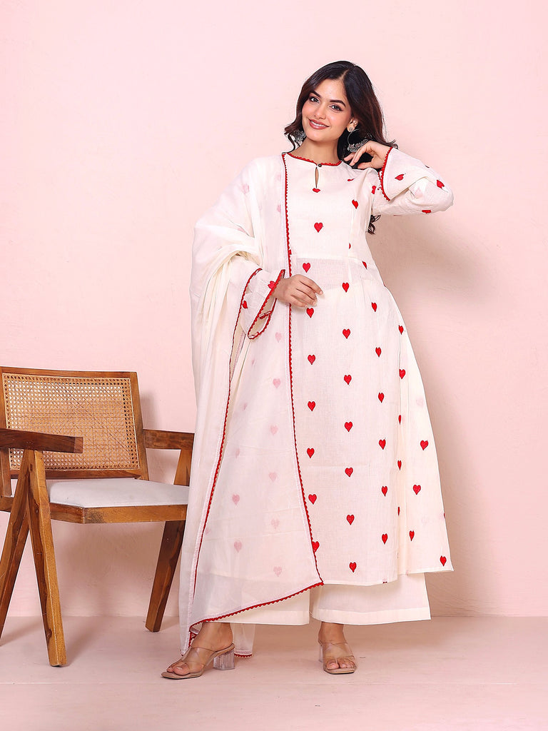 Women's Off White Cotton Embroidered Anarkali Set