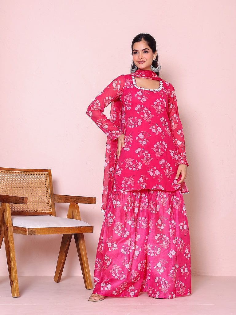 Women's Pink Chiffon Digital Print Sharara Set