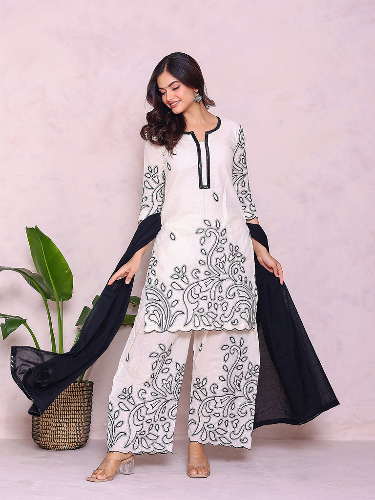 Women's Off White Cotton Thread Work Palazzo Set