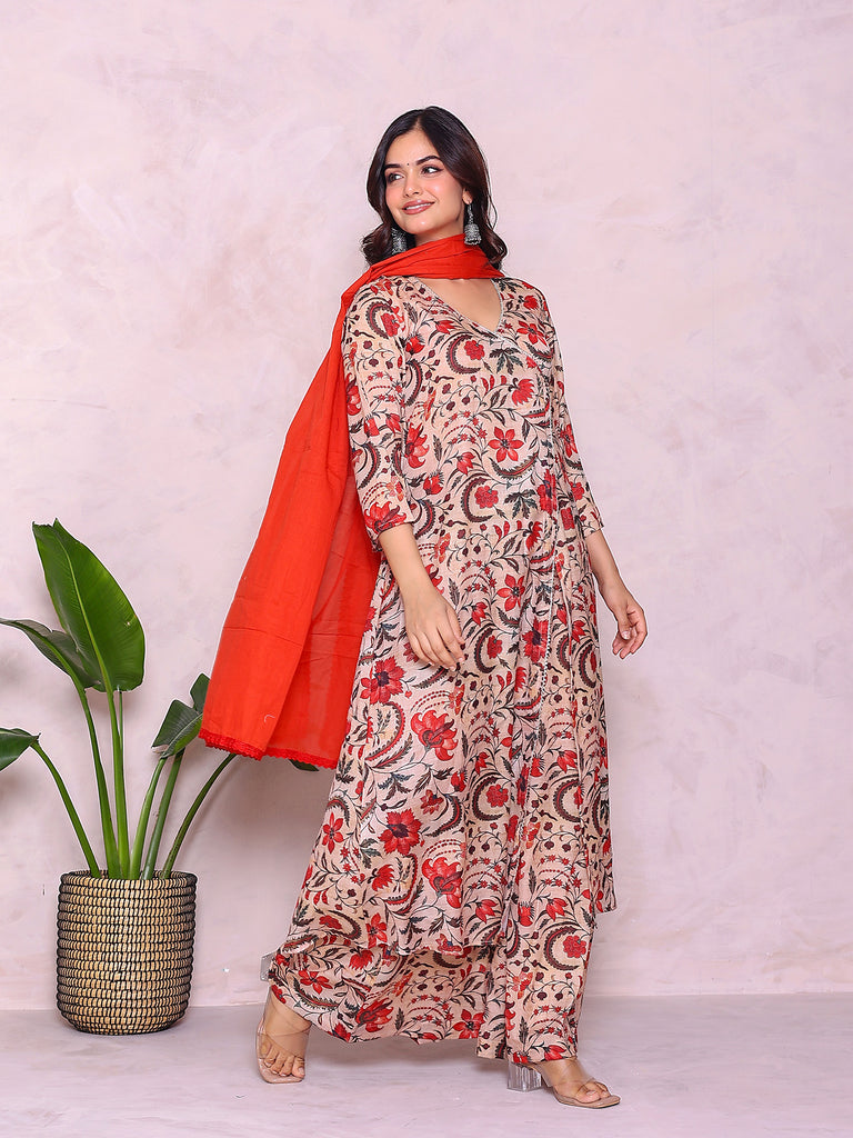 Women's Beige Muslin Digital Print Anarkali Set