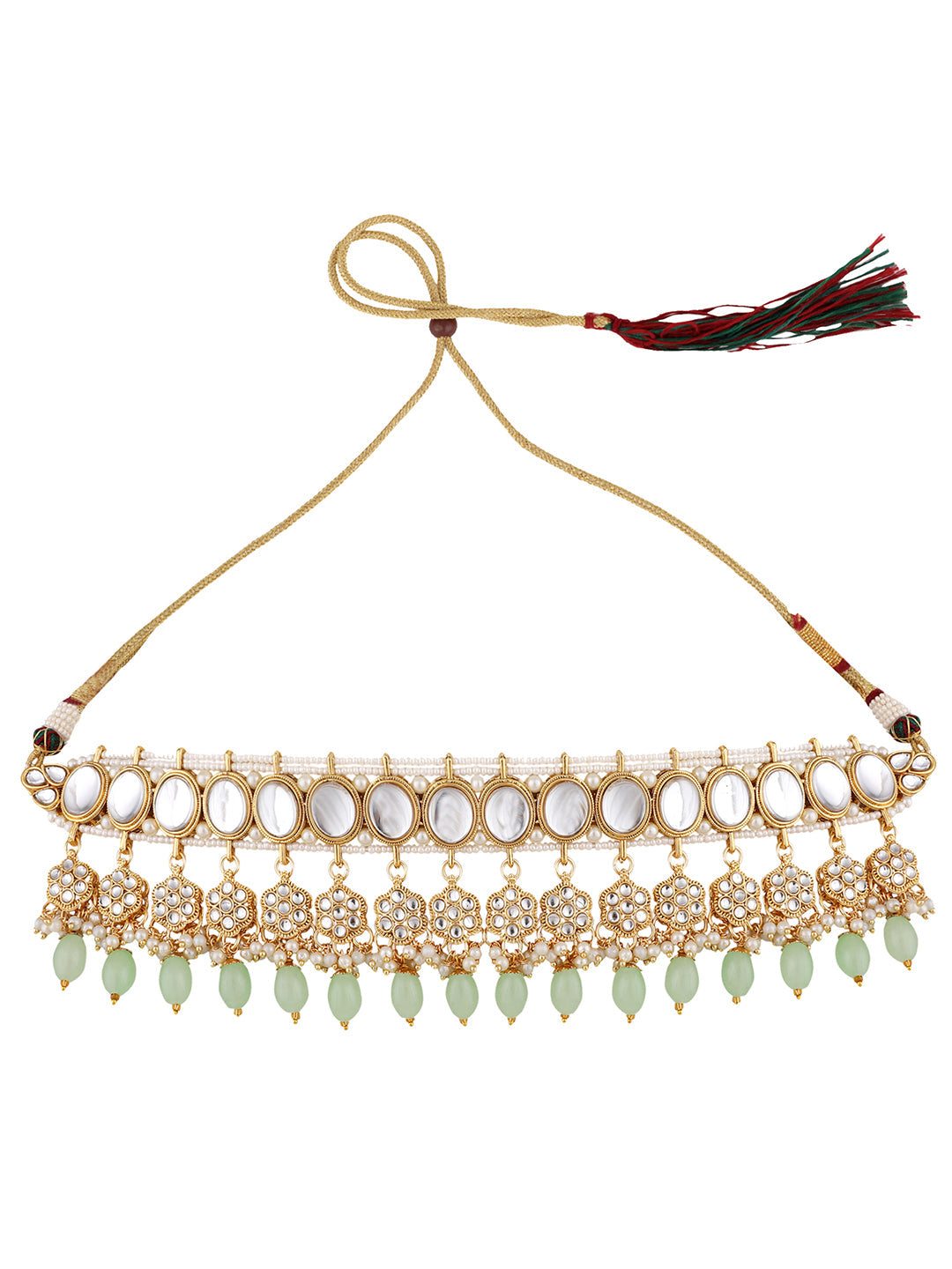 Women's Traditional Sea Green Kundan Stone Brass Choker Set