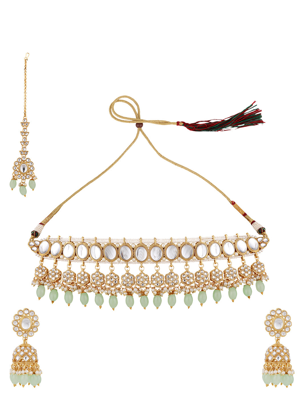 Women's Traditional Sea Green Kundan Stone Brass Choker Set