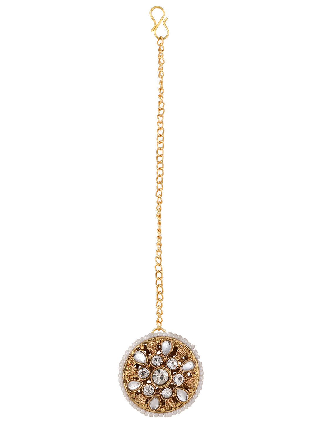 Women's Off-White Gold-Plated Stone Studded & Beaded Borla Maang Tika(Borla)