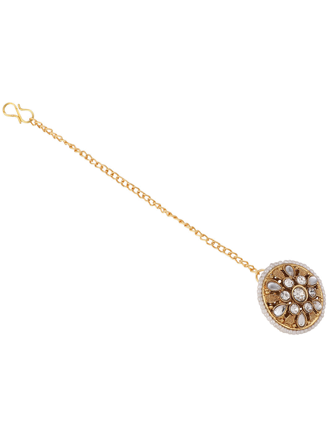 Women's Off-White Gold-Plated Stone Studded & Beaded Borla Maang Tika(Borla)