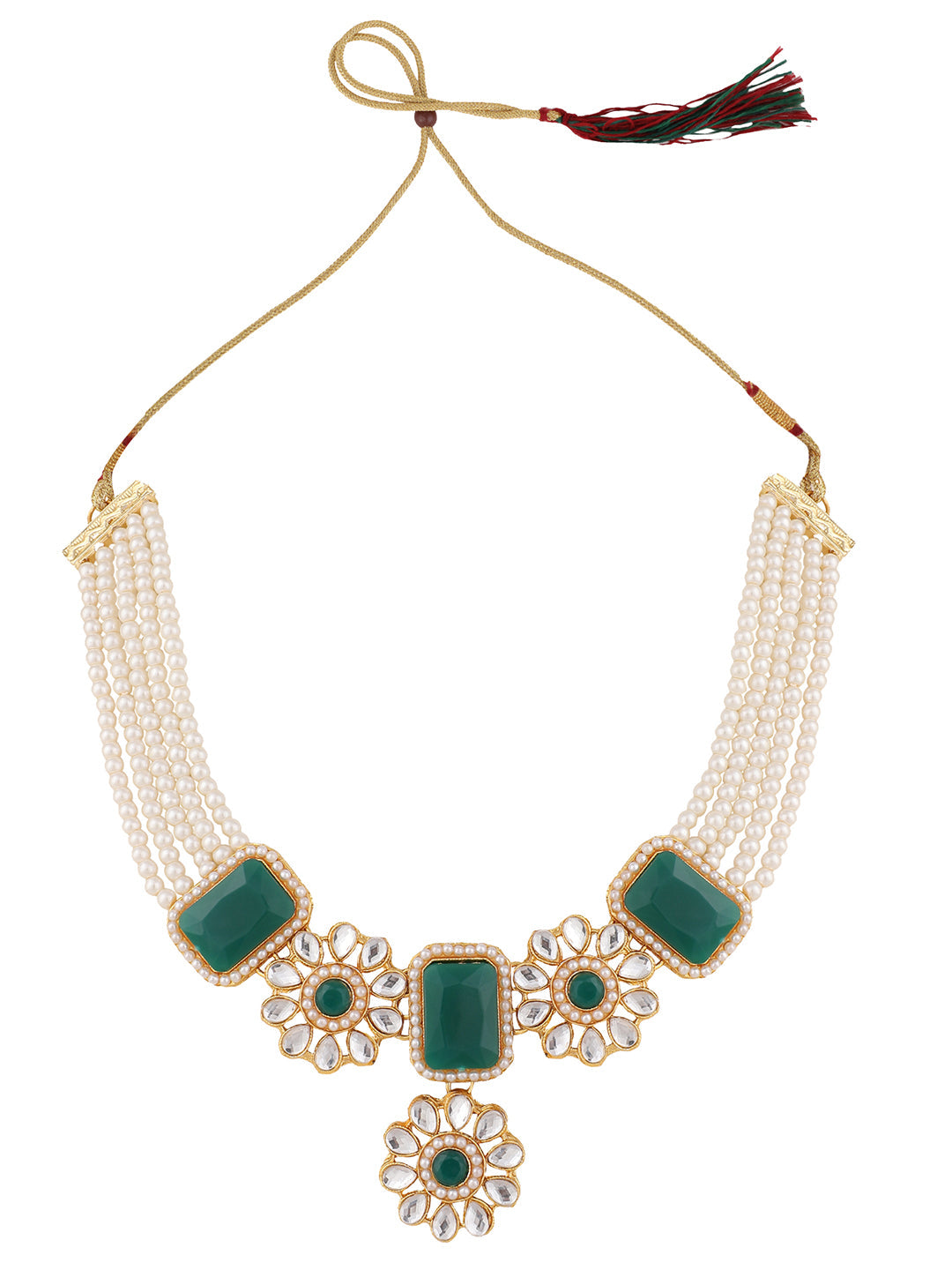 Women's Pearl And Stone Emerald Green Choker Necklace