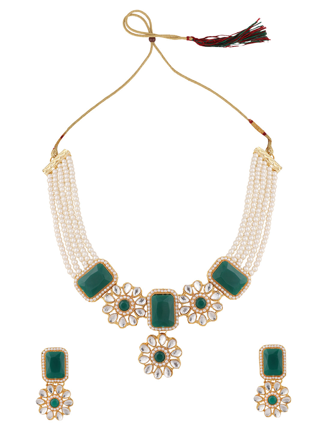 Women's Pearl And Stone Emerald Green Choker Necklace