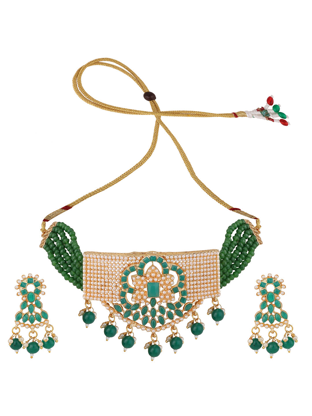 Women's Pearl And Emerald Green Stone Choker Necklace