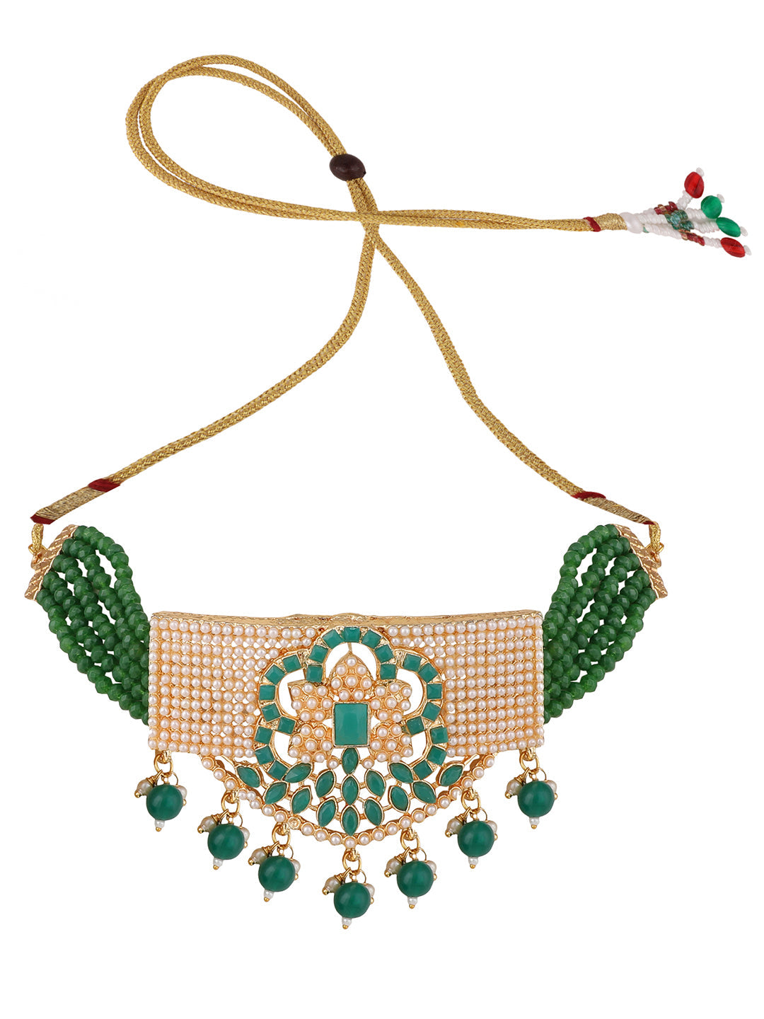 Women's Pearl And Emerald Green Stone Choker Necklace
